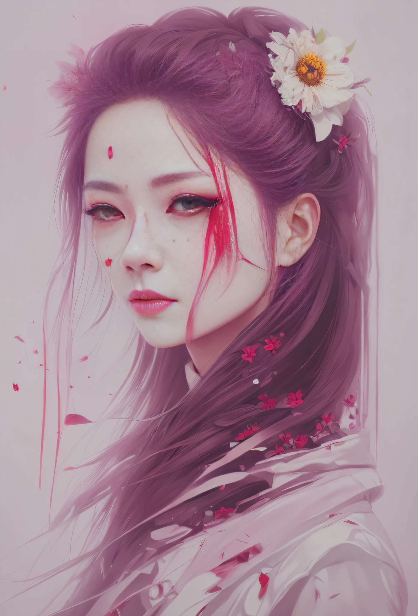 Picture of a woman with blood on her face and a flower in her hair, rossdraws digital painting, rossdraws sakimimichan, rossdraws portrait, rossdraws 1. 0, :: rossdraws, Rossdraws 2. 0, artwork in the style of guweiz, inspired by rossdraws, wlop rossdraws, Alice X. Zhang