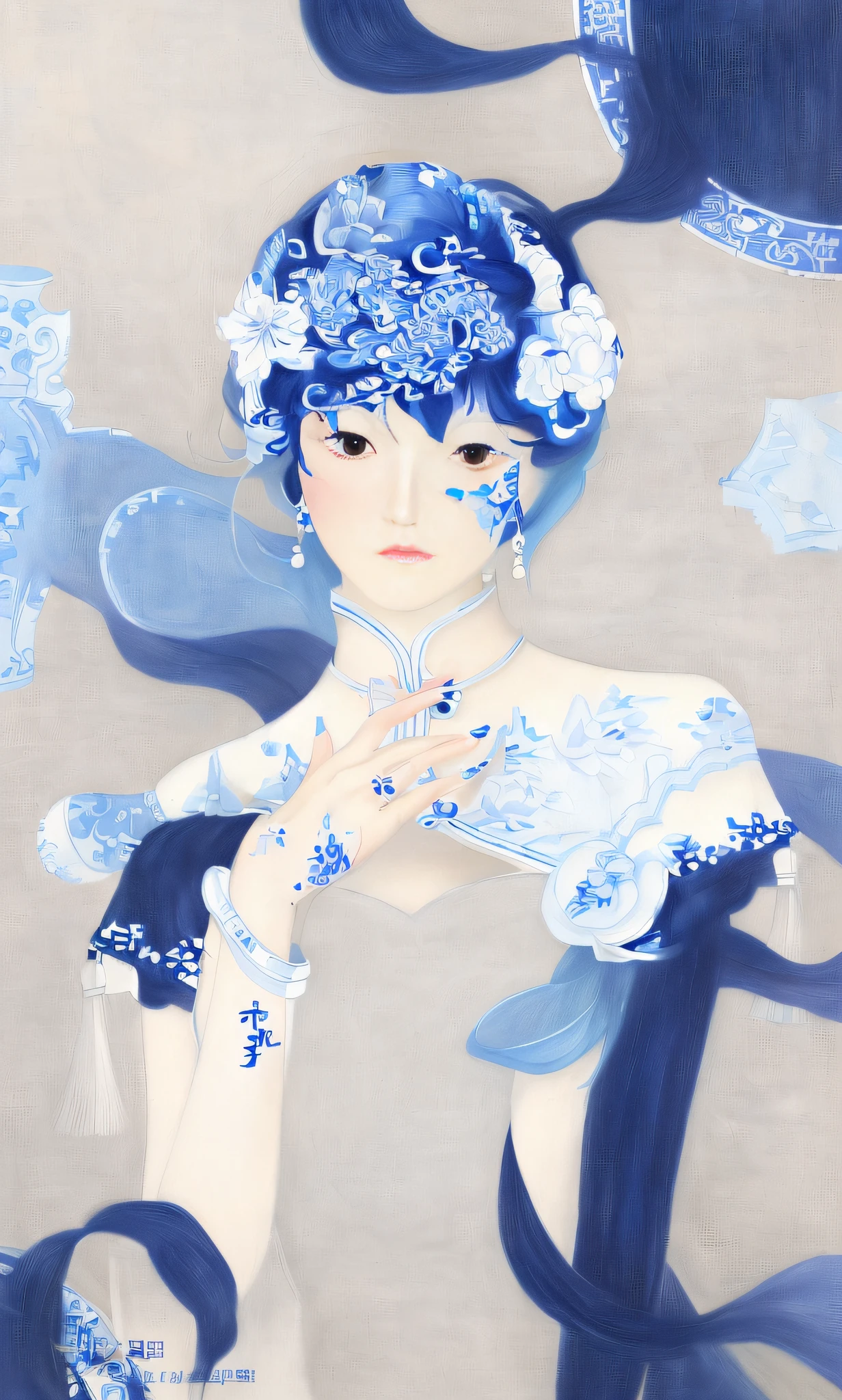 painting of a woman in a white dress with a blue and white vase, palace ， a girl in hanfu, korean art nouveau anime, porcelain skin. studio ghibli, beautiful character painting, porcelain cyborg, inspired by Leng Mei, inspired by Zhang Xuan, inspired by Wang Ximeng, white hanfu, inspired by Xie Huan, inspired by Gao Qipei
