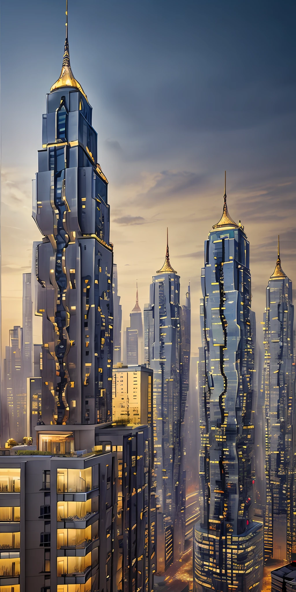 High-rise architecture in a futuristic city, futuristic building, modern architecture, sidewalks around the building, imagination, fusion of the future and the past, hanging gardens, hanging gardens of Babylon, sustainability, future technology, very high-rise architecture, architectural creativity, new culture, self-sufficiency, golden ratio, beautiful architecture in the middle of the image, blurry background, single building, spread, natural colors, calm colors, masterpiece, art, better accuracy