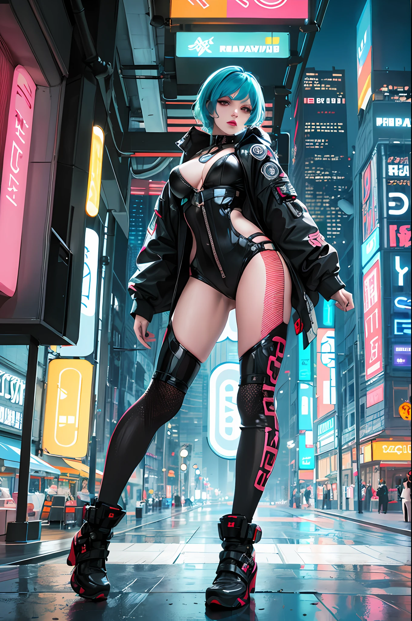masterpiece, best quality, full body, 1 cyberpunk girl, confident, with sassy expression, Harajuku-inspired pop outfit, bold colors and patterns, eye-catching accessories, trendy and innovative hairstyle, vibrant makeup, futuristic and dazzling cyberpunk cityscape, skyscrapers, neon signs, LED lights, bright and vivid color scheme, anime, illustration, detailed skin texture, detailed cloth texture,  beautiful detailed face, intricate details, ultra detailed, photorealistic, cinematic lighting, depth of field f/1.8