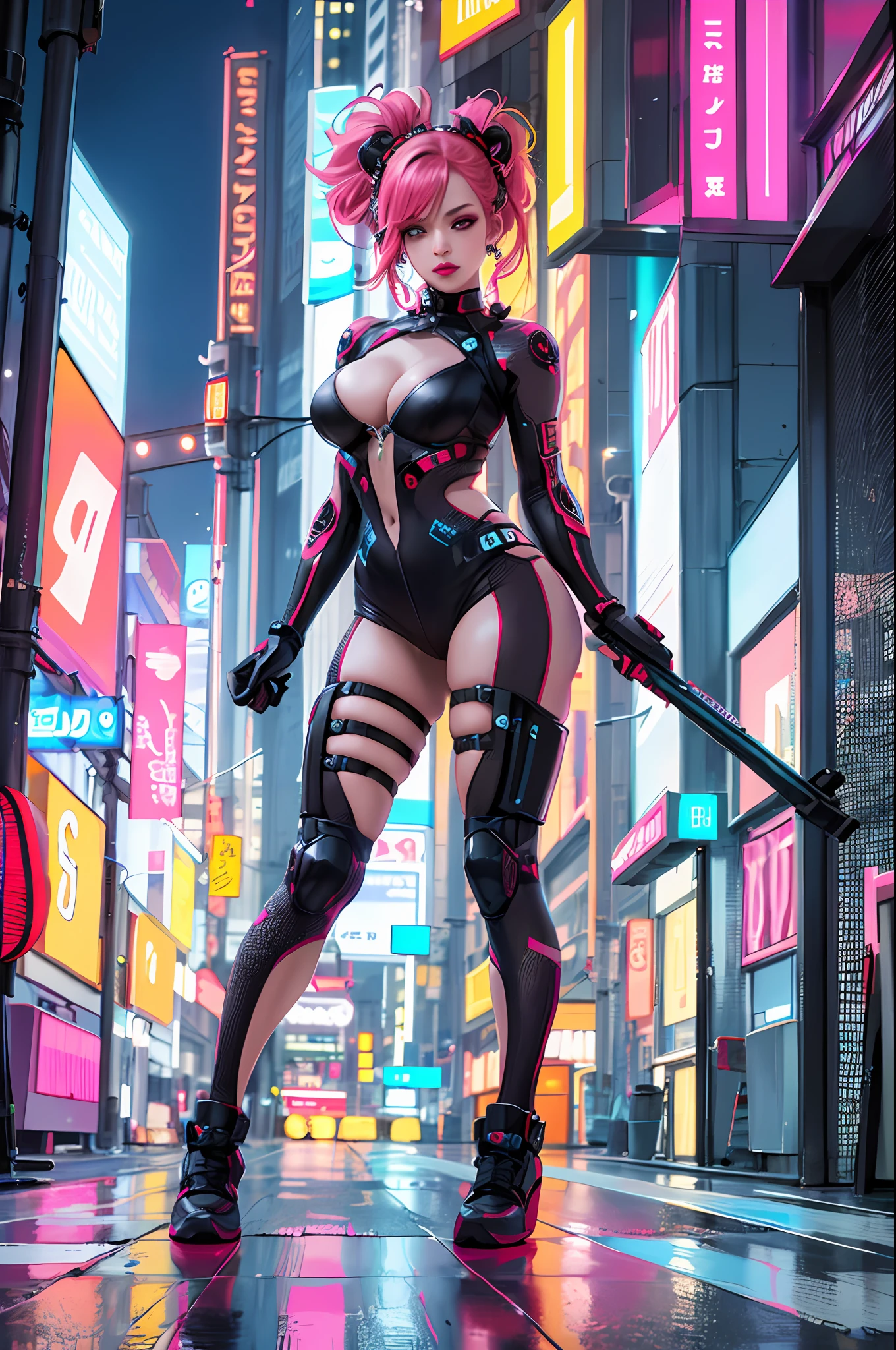 masterpiece, best quality, full body, 1 cyberpunk girl, confident, with sassy expression, Harajuku-inspired pop outfit, bold colors and patterns, eye-catching accessories, trendy and innovative hairstyle, vibrant makeup, futuristic and dazzling cyberpunk cityscape, skyscrapers, neon signs, LED lights, bright and vivid color scheme, anime, illustration, detailed skin texture, detailed cloth texture, beautiful detailed face, intricate details, ultra detailed, photorealistic, cinematic lighting, depth of field f/1.8