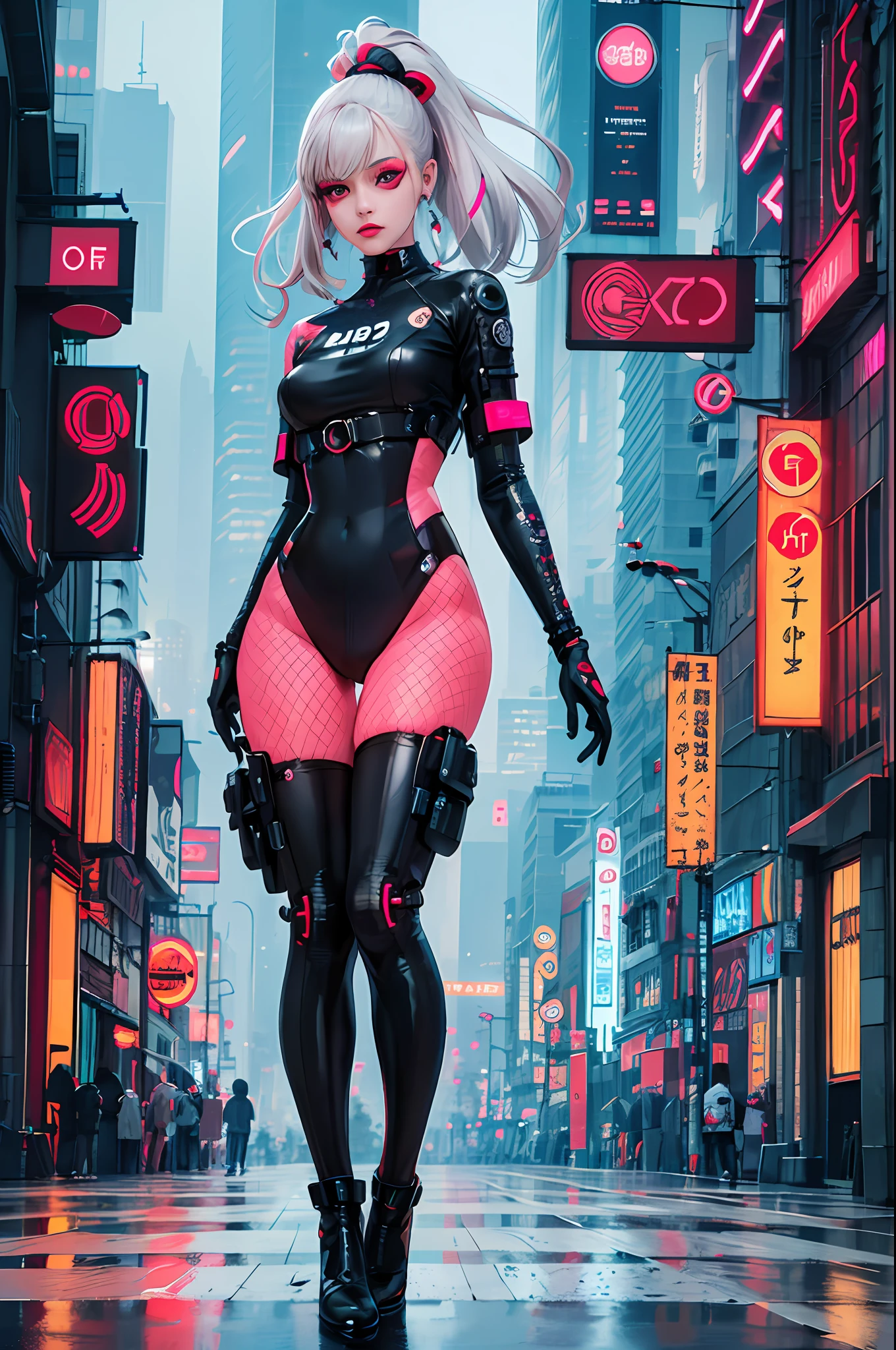 masterpiece, best quality, full body, 1 cyberpunk girl, confident, with sassy expression, Harajuku-inspired pop outfit, bold colors and patterns, eye-catching accessories, trendy and innovative hairstyle, vibrant makeup, futuristic and dazzling cyberpunk cityscape, skyscrapers, neon signs, LED lights, bright and vivid color scheme, anime, illustration, detailed skin texture, detailed cloth texture,  beautiful detailed face, intricate details, ultra detailed, photorealistic, cinematic lighting, depth of field f/1.8