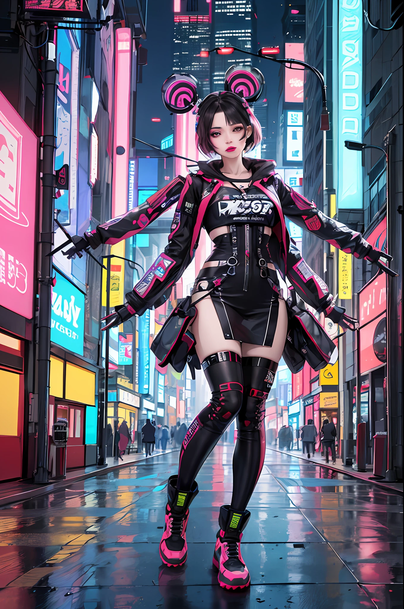 masterpiece, best quality, full body, 1 cyberpunk girl, confident, with sassy expression, Harajuku-inspired pop outfit, bold colors and patterns, eye-catching accessories, trendy and innovative hairstyle, vibrant makeup, futuristic and dazzling cyberpunk cityscape, skyscrapers, neon signs, LED lights, bright and vivid color scheme, anime, illustration, detailed skin texture, detailed cloth texture, beautiful detailed face, intricate details, ultra detailed, photorealistic, cinematic lighting, depth of field f/1.8