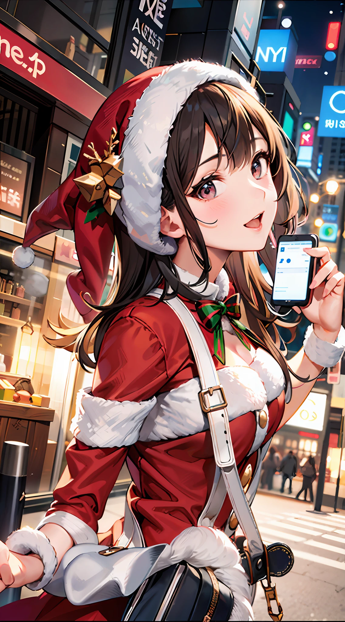 Real Human,A girl wearing Santa costume takes a picture with her mobile phone, trending on cgstation