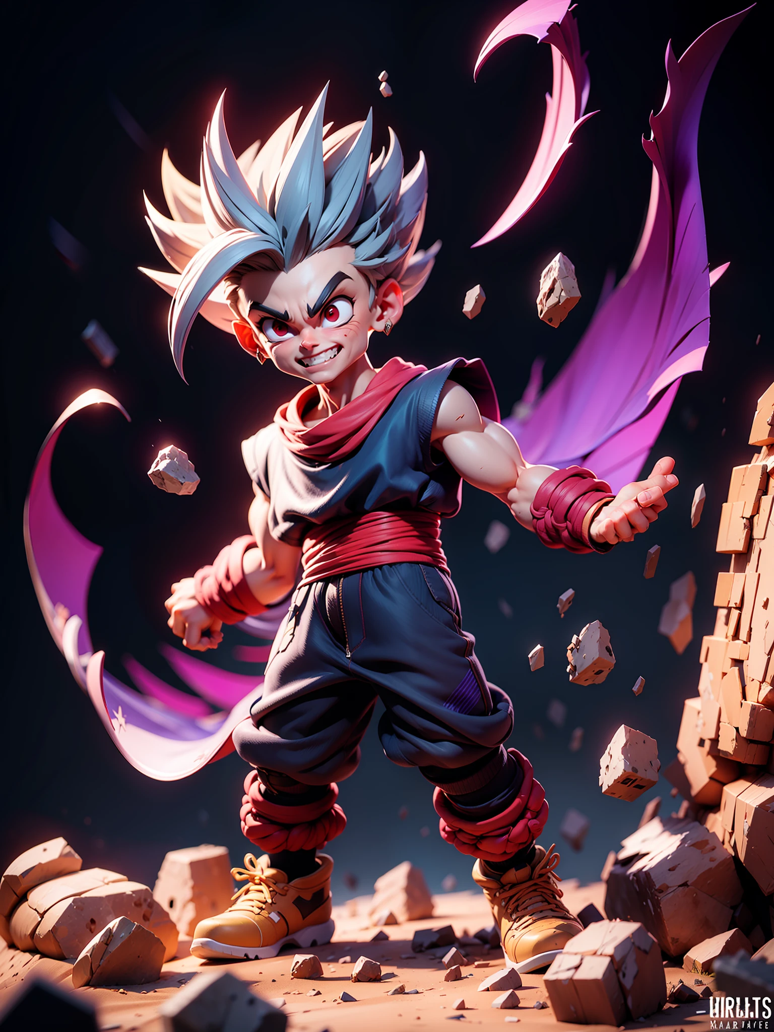 masterpiece, best quality, ultra-detailed, Adult Gohan 1boy, solo, Full body, evil smile, grey hair, spiked hair, (((red eyes))), (((perfect eyes))), (((PURPLE dougi))), full body, looking at viewer, male focus, earth \(planet\), planet, space, cracked ground and lots of rocks rising up, lots of debris going up, perfect hands . Cute, chibi,
