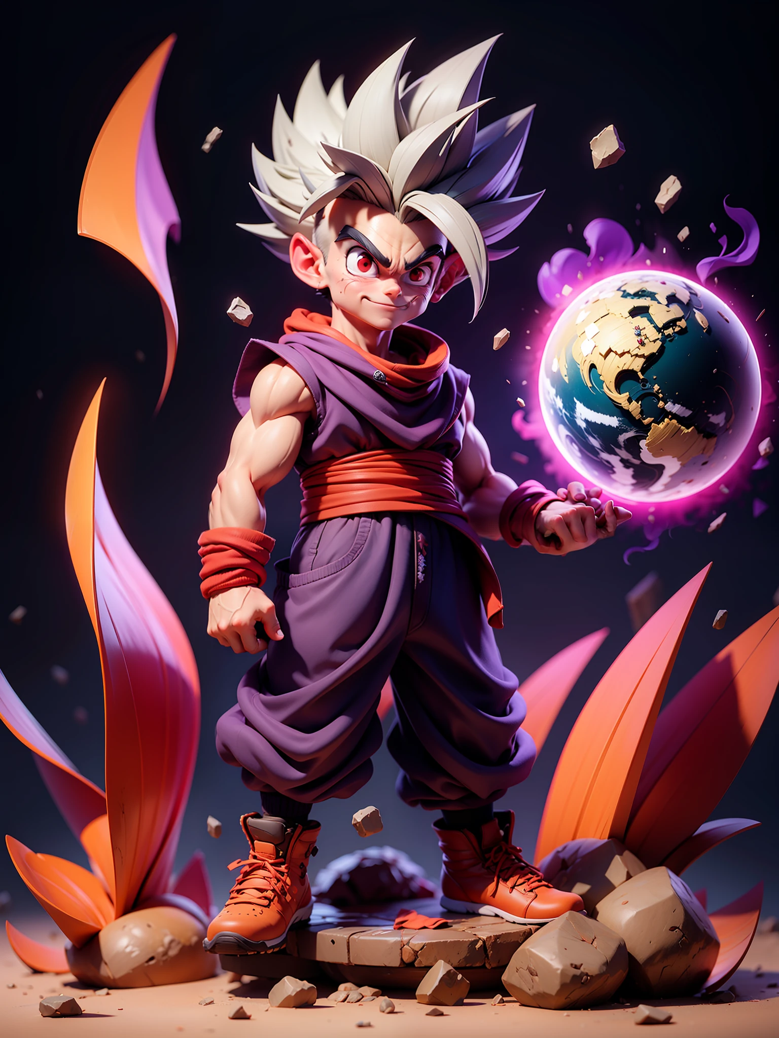masterpiece, best quality, ultra-detailed, Adult Gohan 1boy, solo, Full body, evil smile, grey hair, spiked hair, (((red eyes))), (((perfect eyes))), (((PURPLE dougi))), full body, looking at viewer, male focus, earth \(planet\), planet, space, cracked ground and lots of rocks rising up, lots of debris going up, perfect hands . Cute, chibi,