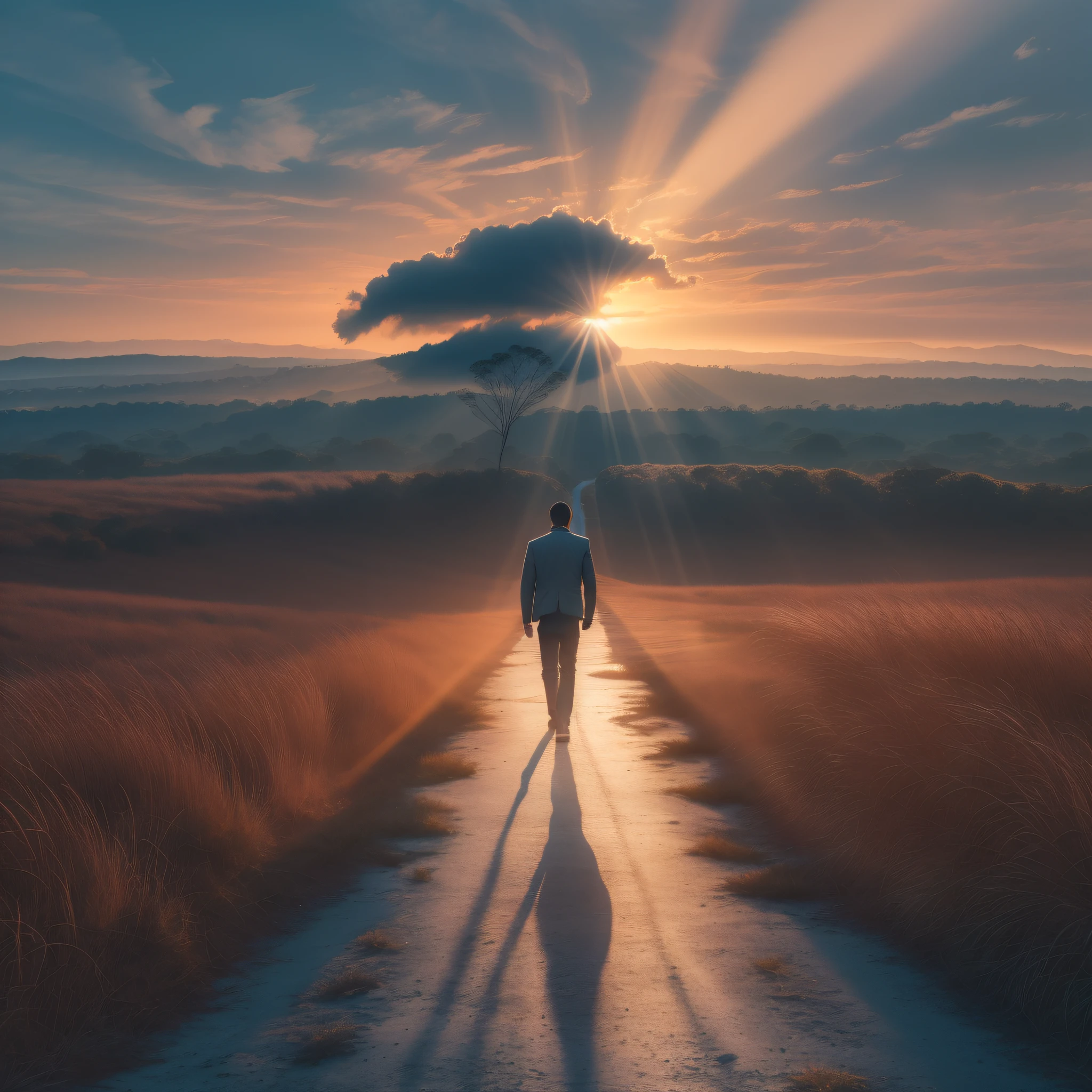 "Build an image of a man walking alone, rumo ao horizonte infinito, em uma estrada de terra, In the background the sunrise with beautiful rays sweeping the blue morning sky, just after a fine rain, cinematic picture ,realista, sureal, 16k, obra prima".