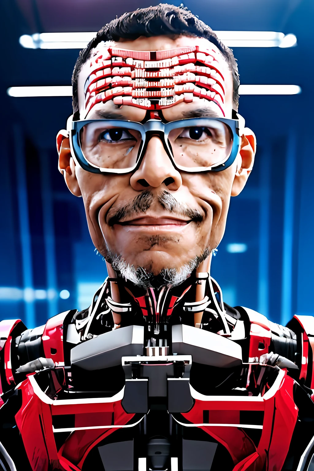 guttonerdjul23, imagem de meio corpo de um cyborg totalmente tecnologico, fios no lugar de vasos sanguineos, implantes roboticos no rosto, olho bionico, corpo de metal e carne. Reslista, intrincado, UHD
