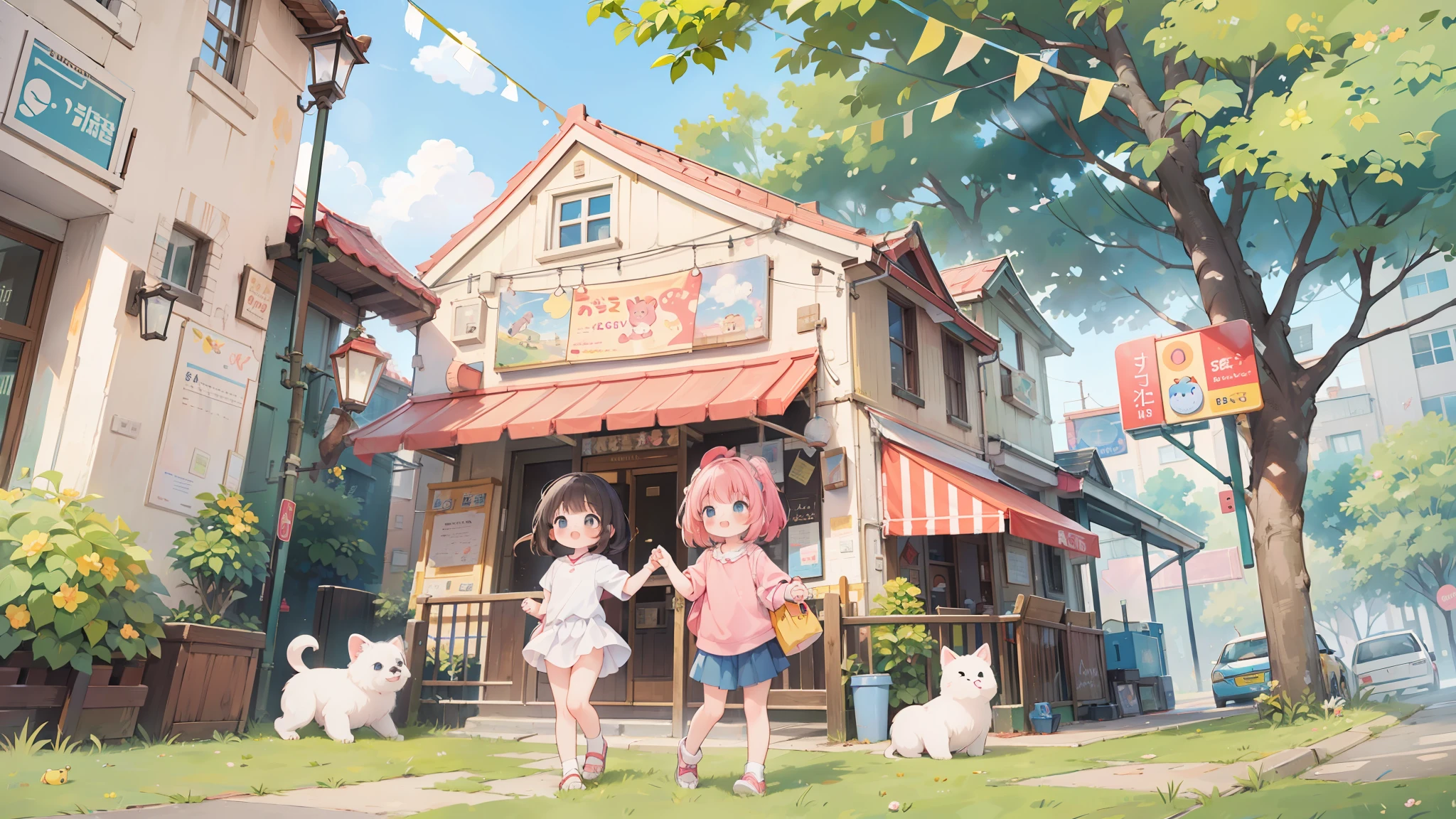 2girls, playing around in the city with a puppy dog, colorful, children book, child anime, cute, adorable, whimsical, illustration, kawaii,