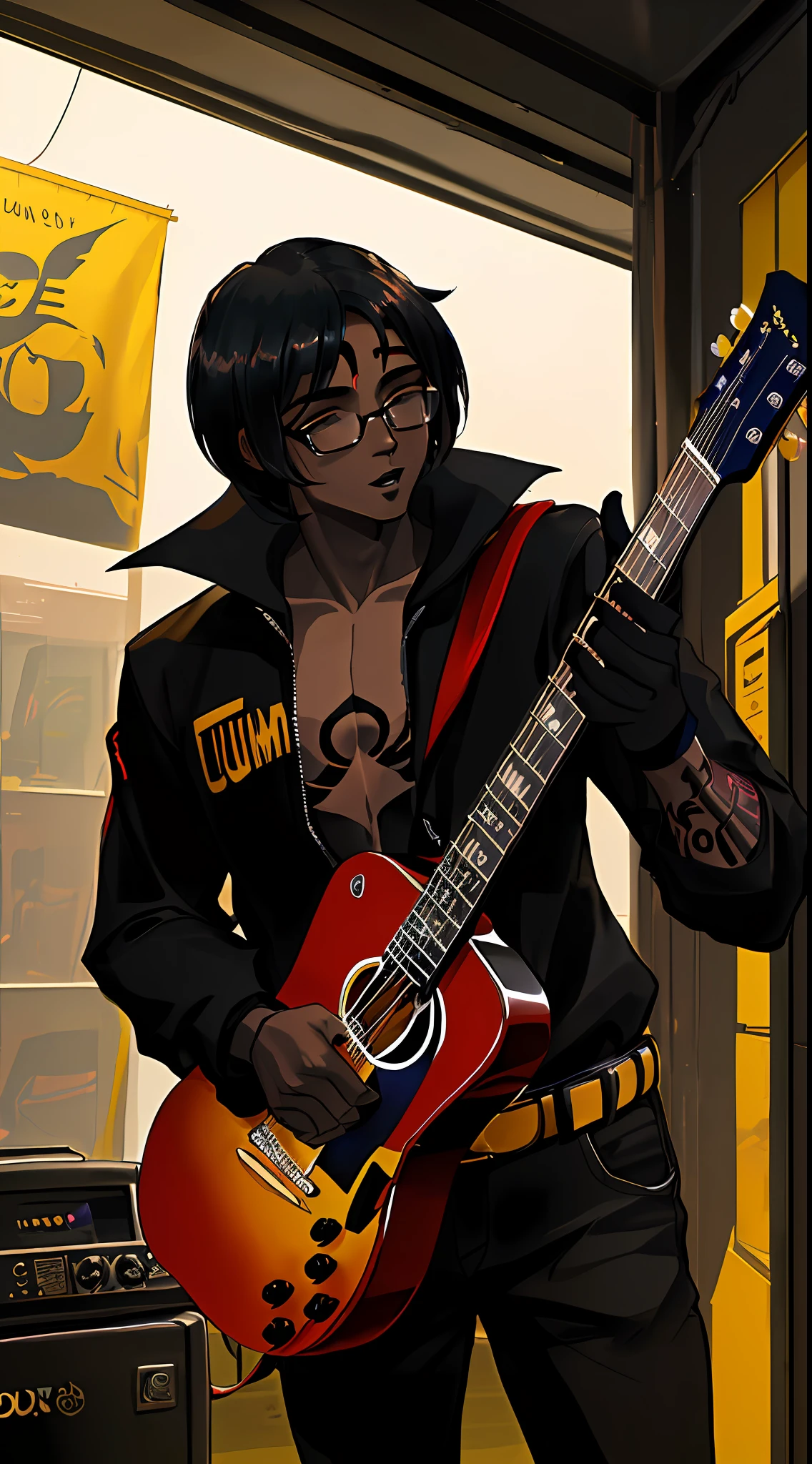 (((homem preto, pele preta))) ,assymetrical,(((sem camisa))), (((Tatuado))), Cabelo blackpower,eyeglass, acoustic guitar, luminosidade, noite, town square, Beautiful image, High detail, (((best quality))), roqueiro,(((atraente))),pele negra,(((Asymmetric))) detalhado