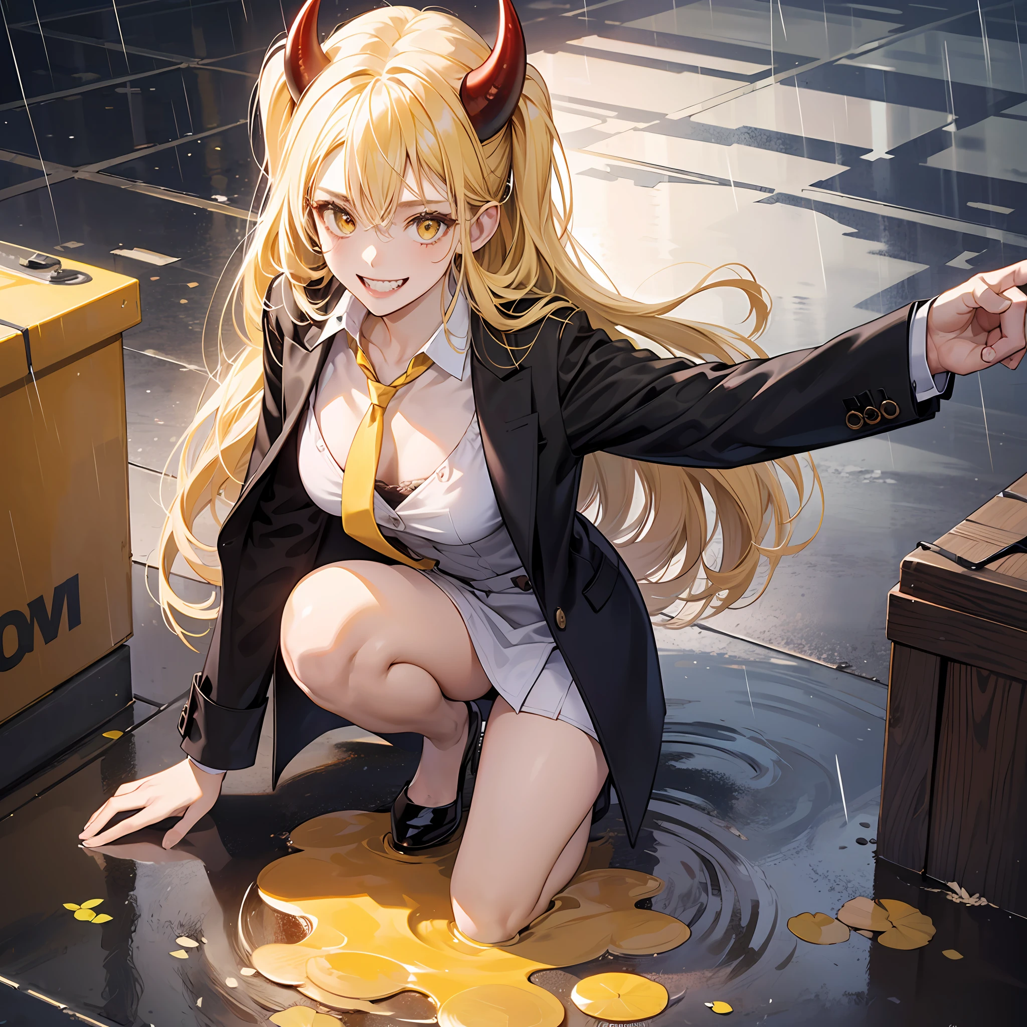 Girl with short red horns, best quality, ultra high res, yellow eyes, suit with tie, body shot, smiling, sharp teeth, raining, puddles on floor, blonde hair, long hair, medium , looking at viewer, --auto