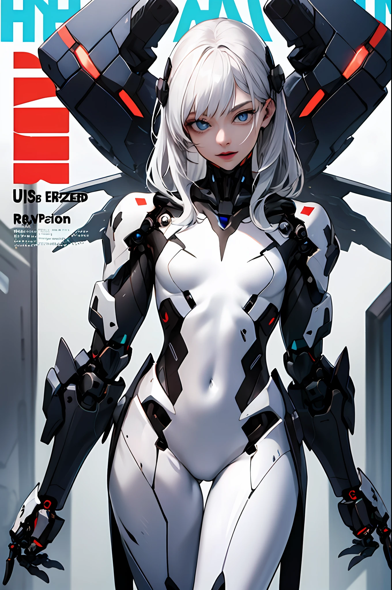 (magazine cover:1.3),ulzzang-6500, (realistic: 1.3) (original: 1.2), masterpiece, best quality, beautiful clean face, fullbody,  ((robot girl, mecha)), broken armor, mechanical halo, mechanical arms, white hair, long hair, ceramic body, thigh gap, small breast, cyber background, extreme detailed city, (translucent body, reflection skin), 8k, best quality, ultra detailed, (hyperrealistic:1.4),