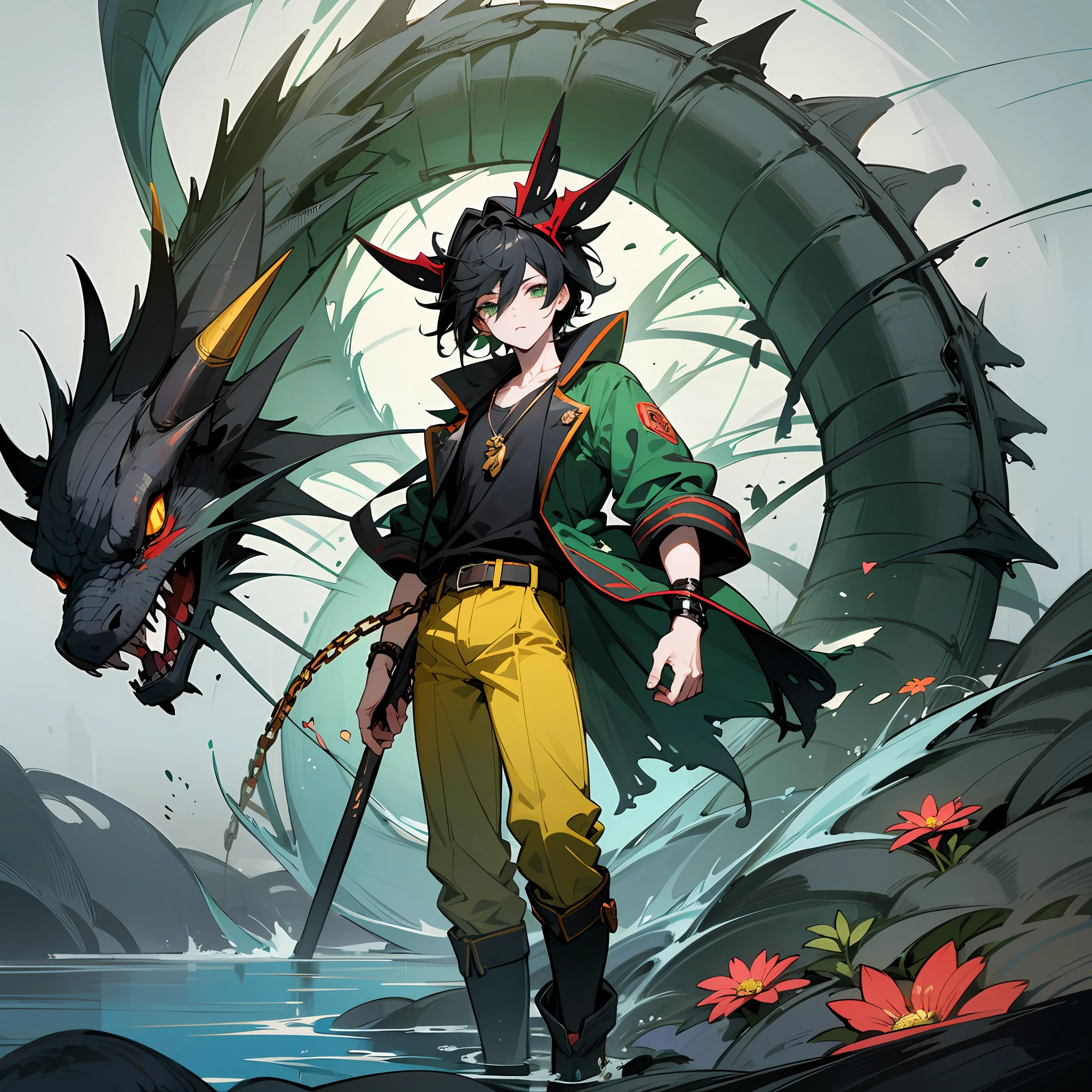 Anime, male character, boy, short messy black hair, green eyes, white skin, thin body not very strong, has a black dragon tail, wearing green and dark red t-shirt, green jacket with big dark green headdress, red belt with yellow chains, dark green trousers, red boots, anime pose, magical forest environment, dragons, magic, flowers, blue lake, 4k, best quality, well detailed, wallpaper. --auto --s2