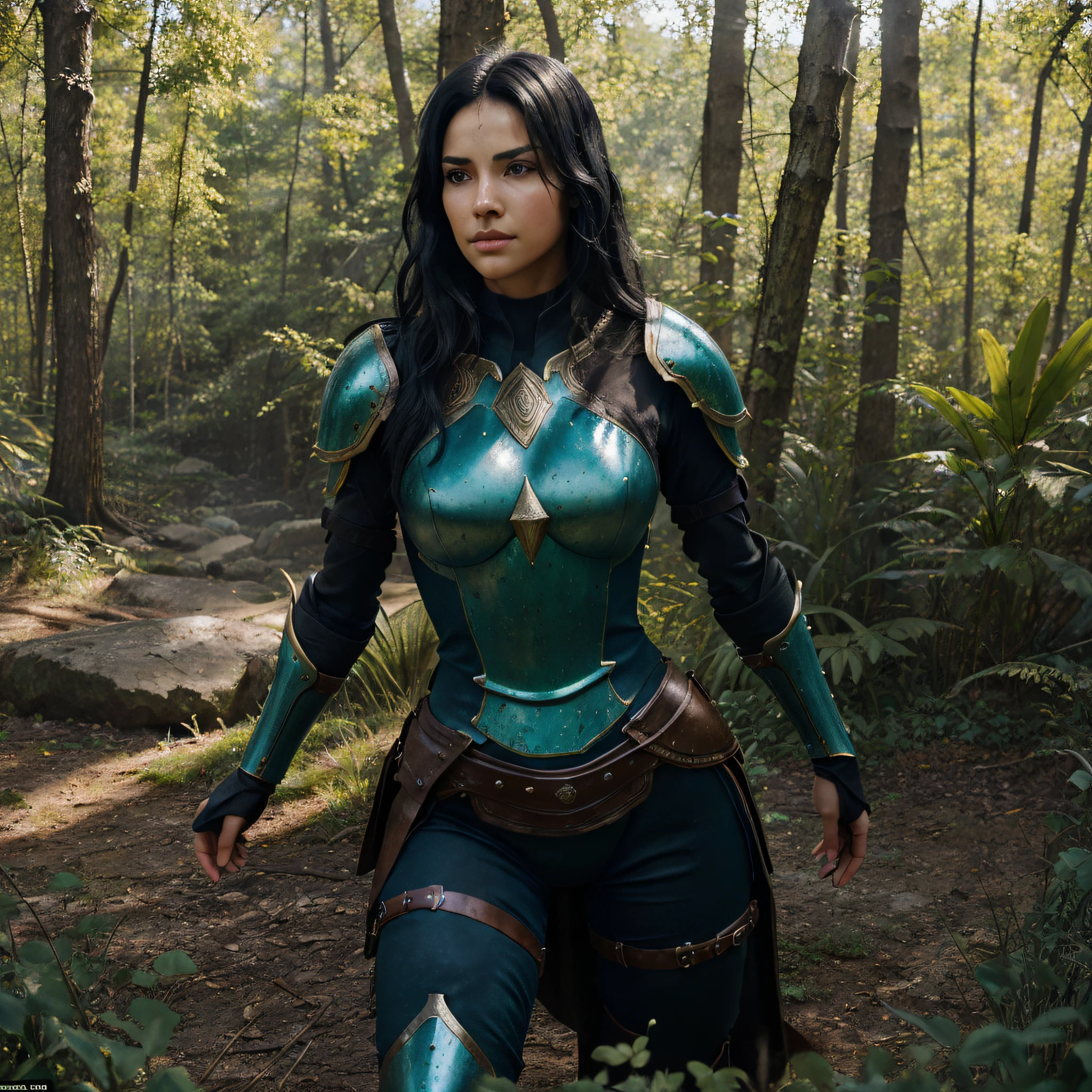 ((best quality, 8k, masterpiece: 1.3)) 1 woman, photography, thin body, Beautiful body, beautiful face, black hair, brown eyes, detailed skin, best quality, armor, green and blue, full body, warrior, outdoors, ultra realistic environment, rich in details, soft light, volumetric lighting, Cinematic
