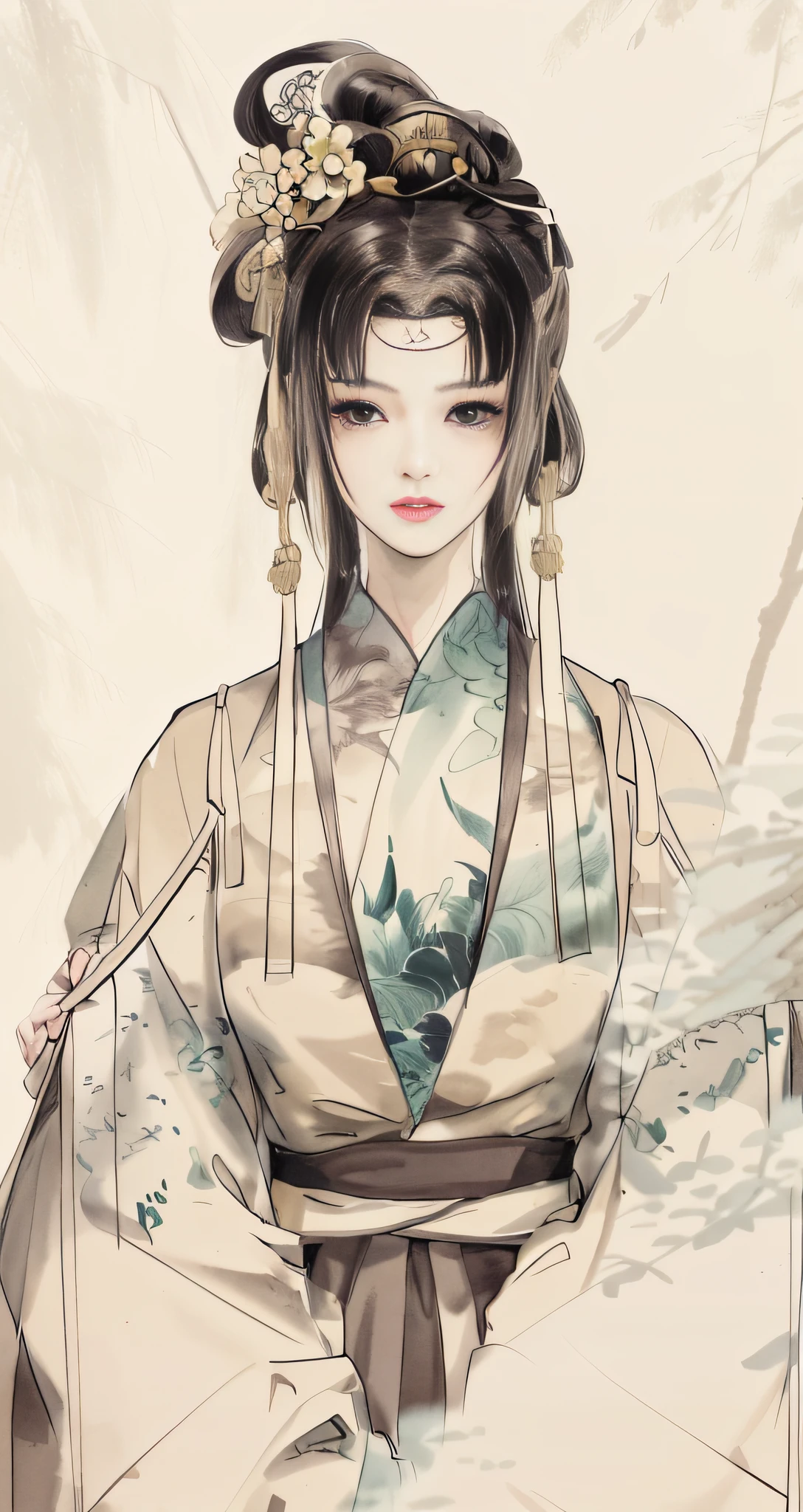 shukezouma, negative space, , shuimobysim , portrait of a woman standing , willow branches, (masterpiece, best quality:1.2), traditional chinese ink painting, (traditional Chinese painting), monochrome, modelshoot style, peaceful, (smile), looking at viewer, wearing long hanfu, hanfu, song, willow tree in background, wuchangshuo, Distant mountains, small lakes, gazebos, lonely boats,