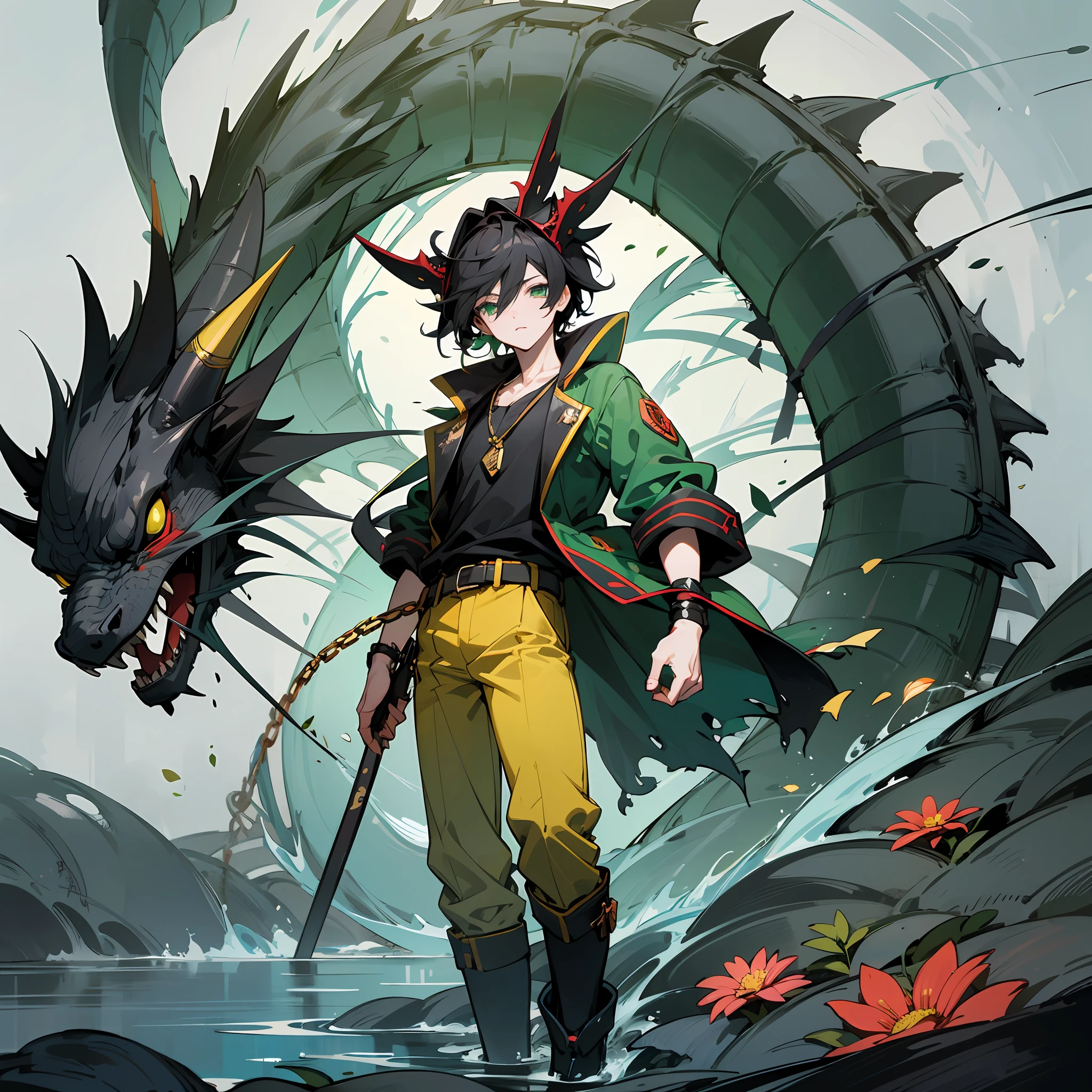 Anime, male character, boy, short messy black hair, green eyes, white skin, thin body not very strong, has a black dragon tail, wearing green and dark red t-shirt, green jacket with big dark green headdress, red belt with yellow chains, dark green trousers, red boots, anime pose, magical forest environment, dragons, magic, flowers, blue lake, 4k, best quality, well detailed, wallpaper. --auto --s2