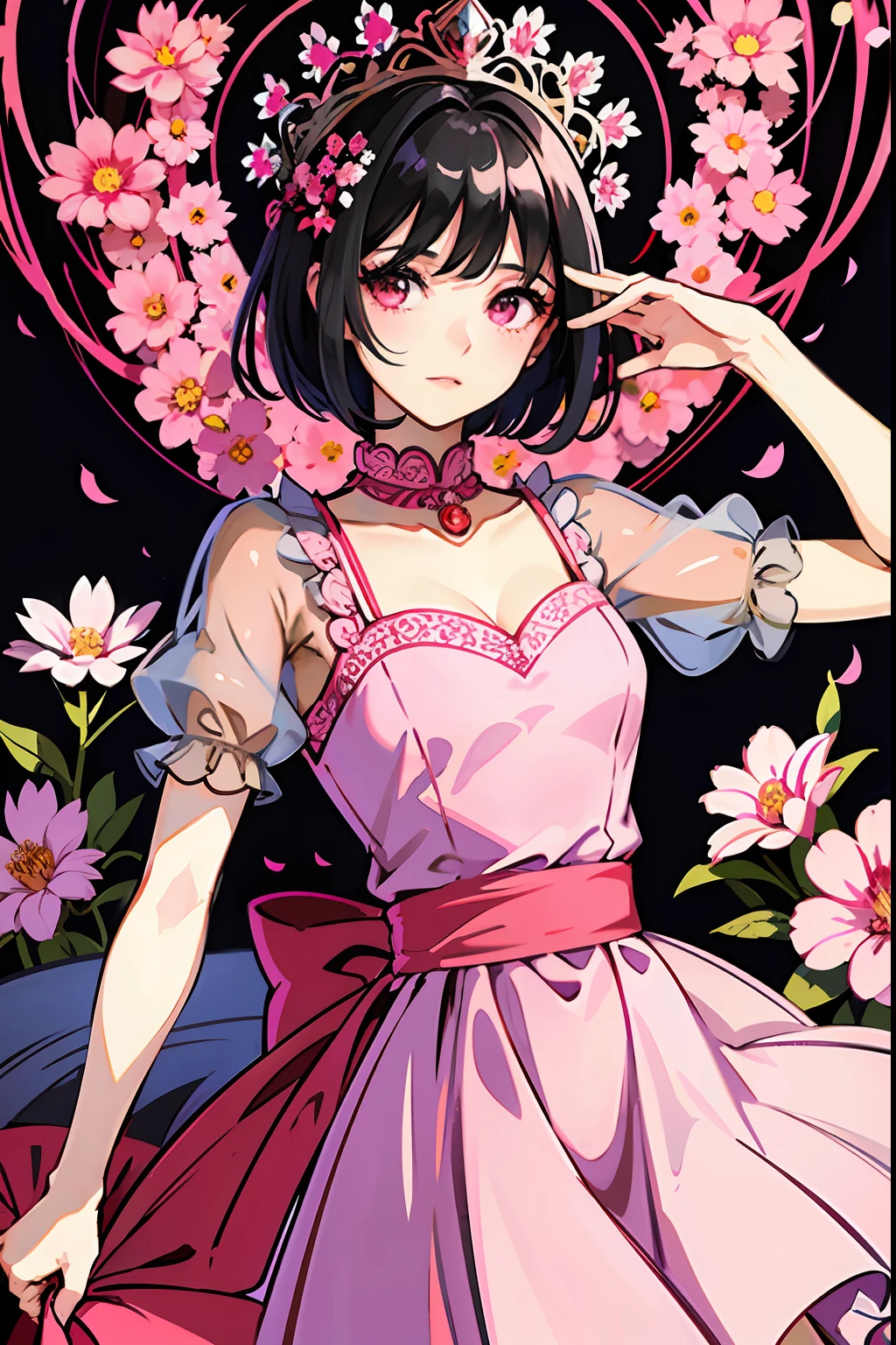 Princess Girl Short black hair Pink pink eyes Big dress Wide pink dress Stocratic dress Princess dress full of jewelry and engravings Royal dress Diamond flowers in the dress Sunlight shines the hair The best cover Huda Manhua masterpiece Manhua Mango cover written on it I am the one who will be the princess in English