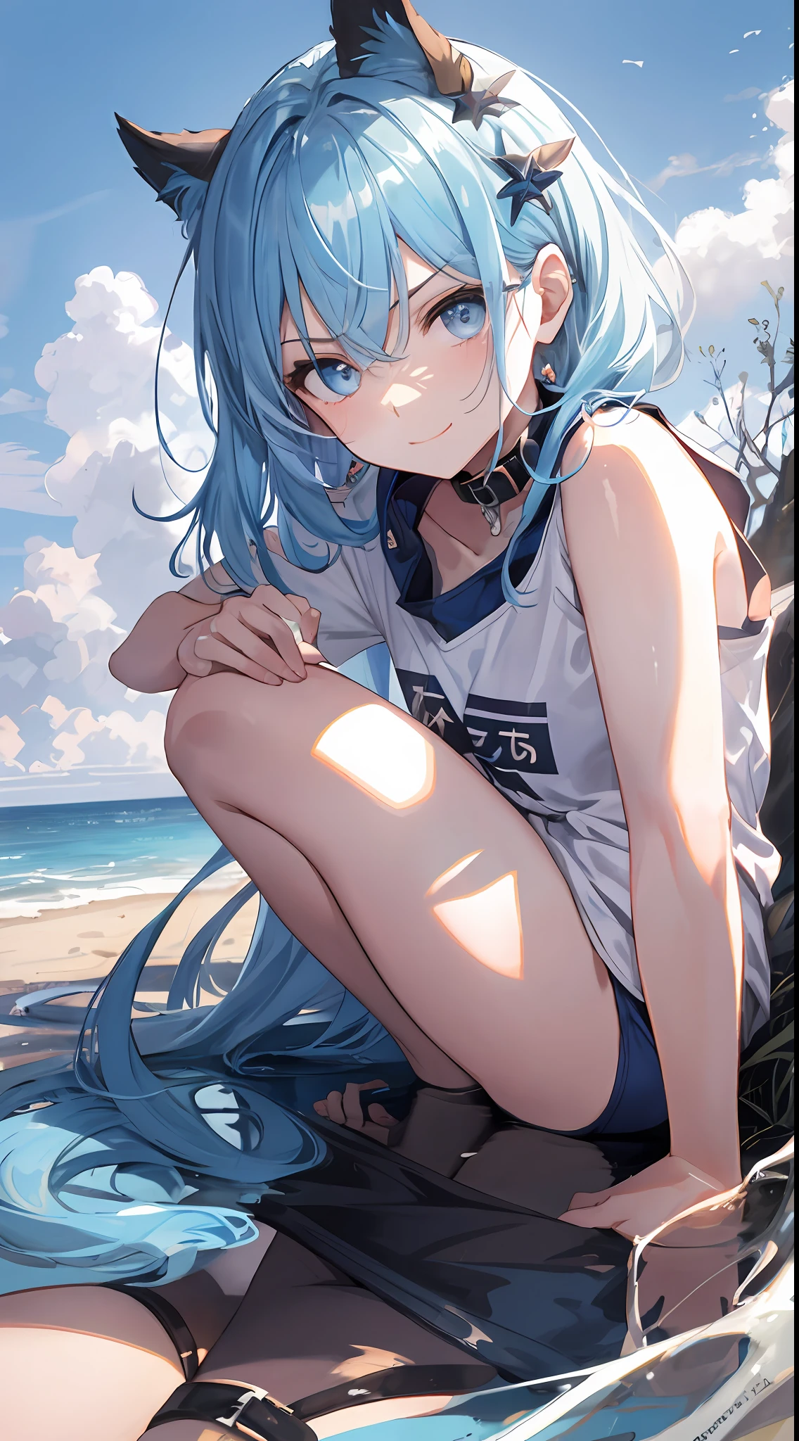 (NSFW:1.2), (8K, Raw photography, Top image quality, A masterpice: 1.4), ultra high def, (Realstic, photorealestic: 1.48), 1girls, Solo Focus, type moon style, Kyoto Animation Style, short-length hair, (blue hairs:1.7), Blunt bangs, Hair Between Eyes, clear eyes, side locks, White hair, Shiny hair, beautiful detailed cold face, Seductive smile, Angry, complex details beautiful and delicate eyes, Bare_Shoulders, Small_Breasts, Gray eyes, White skin, Hair Ornament, (((T-shirt))), swim ring, swimsuit, beautiful bare back, Sandals, Skindentation, collar bone, Bare_Legs, beach, Beautiful detailed sky, White sand, tree, very precise details, absurdist, Extremely detailed, 16k wallpaper,remrezero