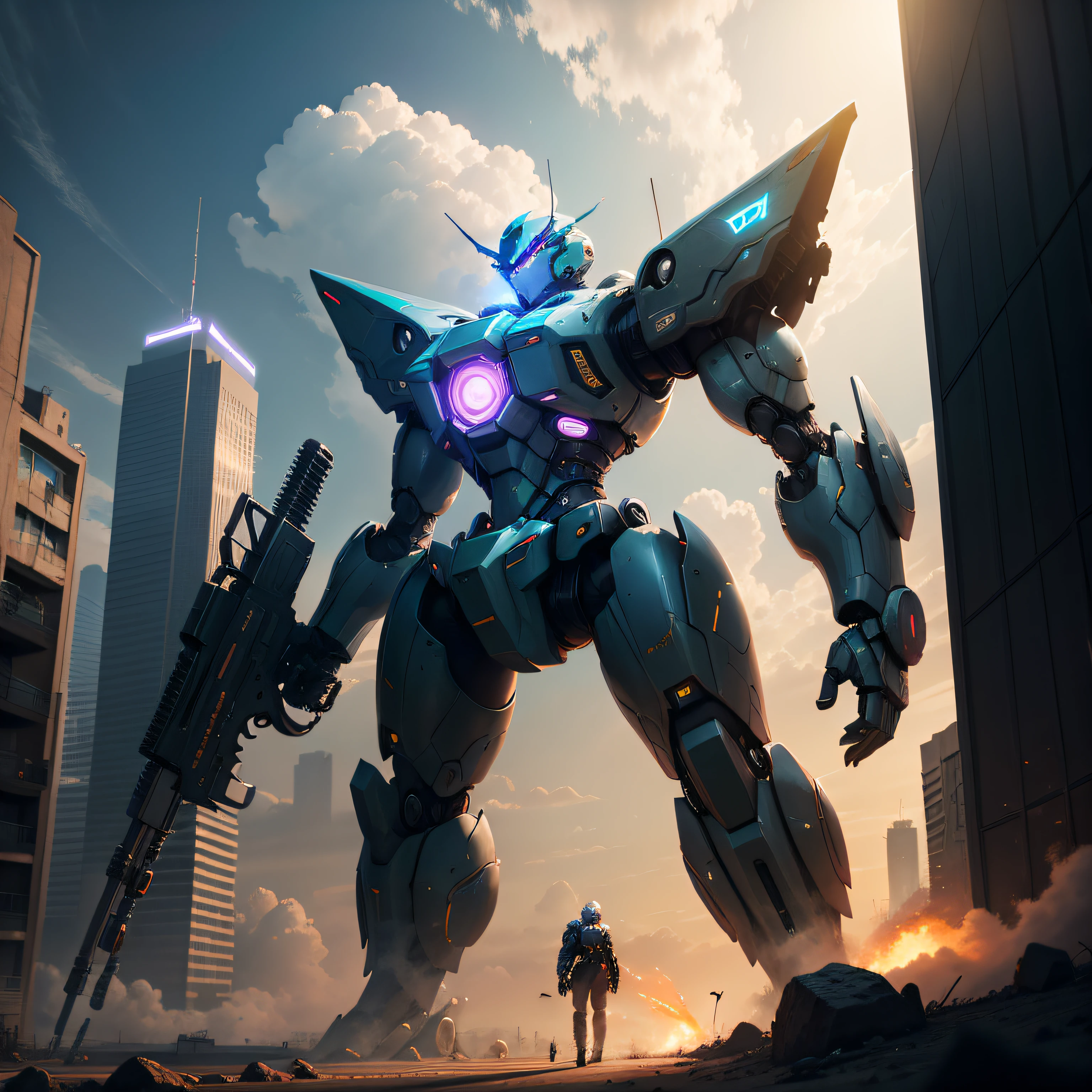 sky, cloud, holding_weapon, no_humans, glowing, , robot, building, glowing_eyes, mecha, science_fiction, city, realistic,mecha