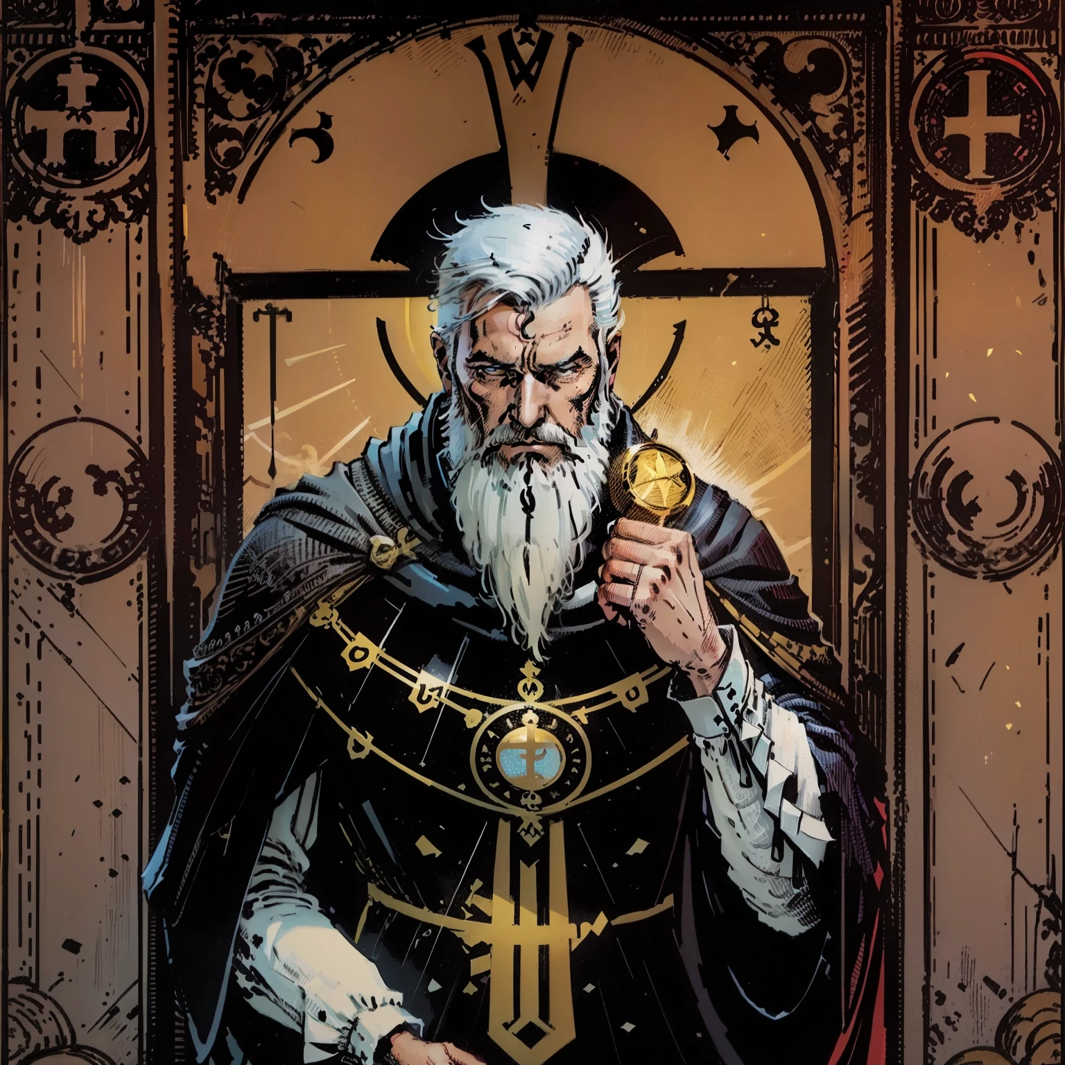 (masterpiece, best quality),(tarot card),(hanged man tarot), 1guy, male focused, short white hair, white beard, old, mature and tall, somber expression, tired expression, detailed face, hanged man tarot, bright halo, suit and tie, black, male_focus, calligraphy characters, symmetrical composition, long shadow, ultra detailed, 8k, high quality, hq, accurate five fingers, Hanged_Man,
