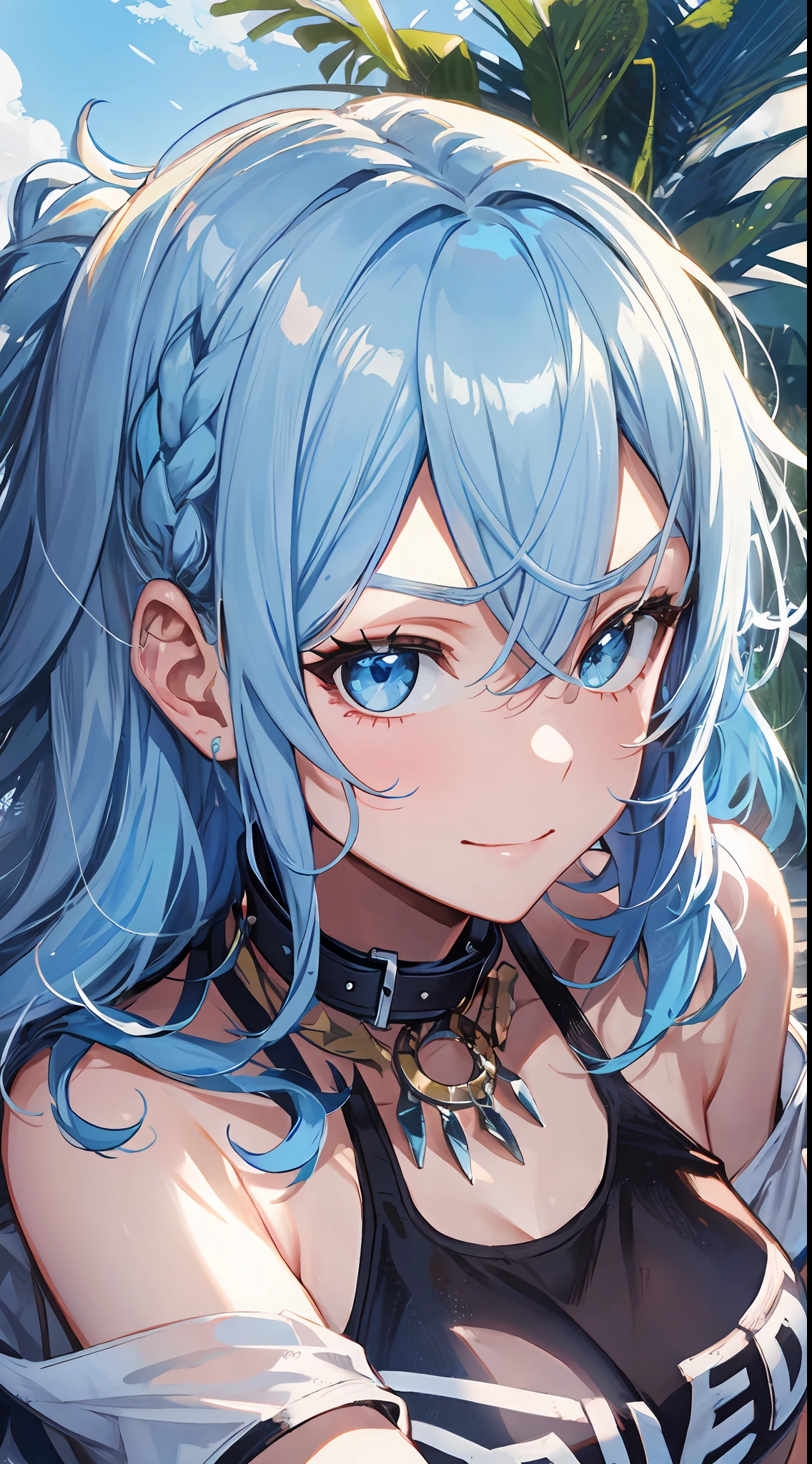 (NSFW:1.2), (8K, Raw photography, Top image quality, A masterpice: 1.4), ultra high def, (Realstic, photorealestic: 1.48), 1girls, Solo Focus, type moon style, Kyoto Animation Style, short-length hair, (blue hairs:1.7), Blunt bangs, Hair Between Eyes, clear eyes, side locks, White hair, Shiny hair, beautiful detailed cold face, Seductive smile, Angry, complex details beautiful and delicate eyes, Bare_Shoulders, Small_Breasts, Gray eyes, White skin, Hair Ornament, (((T-shirt))), swim ring, swimsuit, beautiful bare back, Sandals, Skindentation, collar bone, Bare_Legs, beach, Beautiful detailed sky, White sand, tree, very precise details, absurdist, Extremely detailed, 16k wallpaper,remrezero