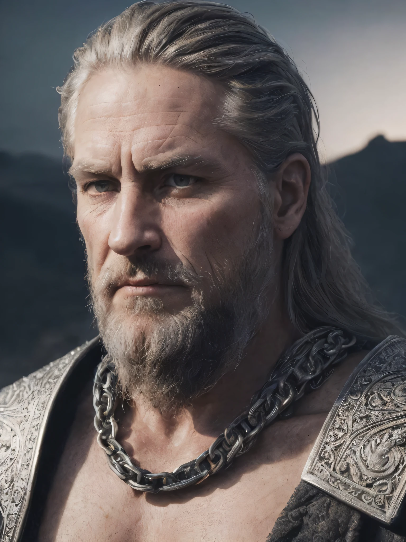 (Highest quality:1.3), cinematic shot, masterpiece, (sharp focus:1.5), (photorealistic:1.3),  medium portrait of (a weary-looking but still proud and fierce-looking old Viking warrior, now the leader of his village, dressed in elaborately detailed chain mail and leather armour, a few torches burn on the walls, giving the scene a dark atmosphere but sculpting the forms in sharp chiaroscuro), it is night time, (highly detailed skin),  (detailed face), detailed background, dark lighting, twilight lighting, volumetric lighting,  intricate details, UHD,