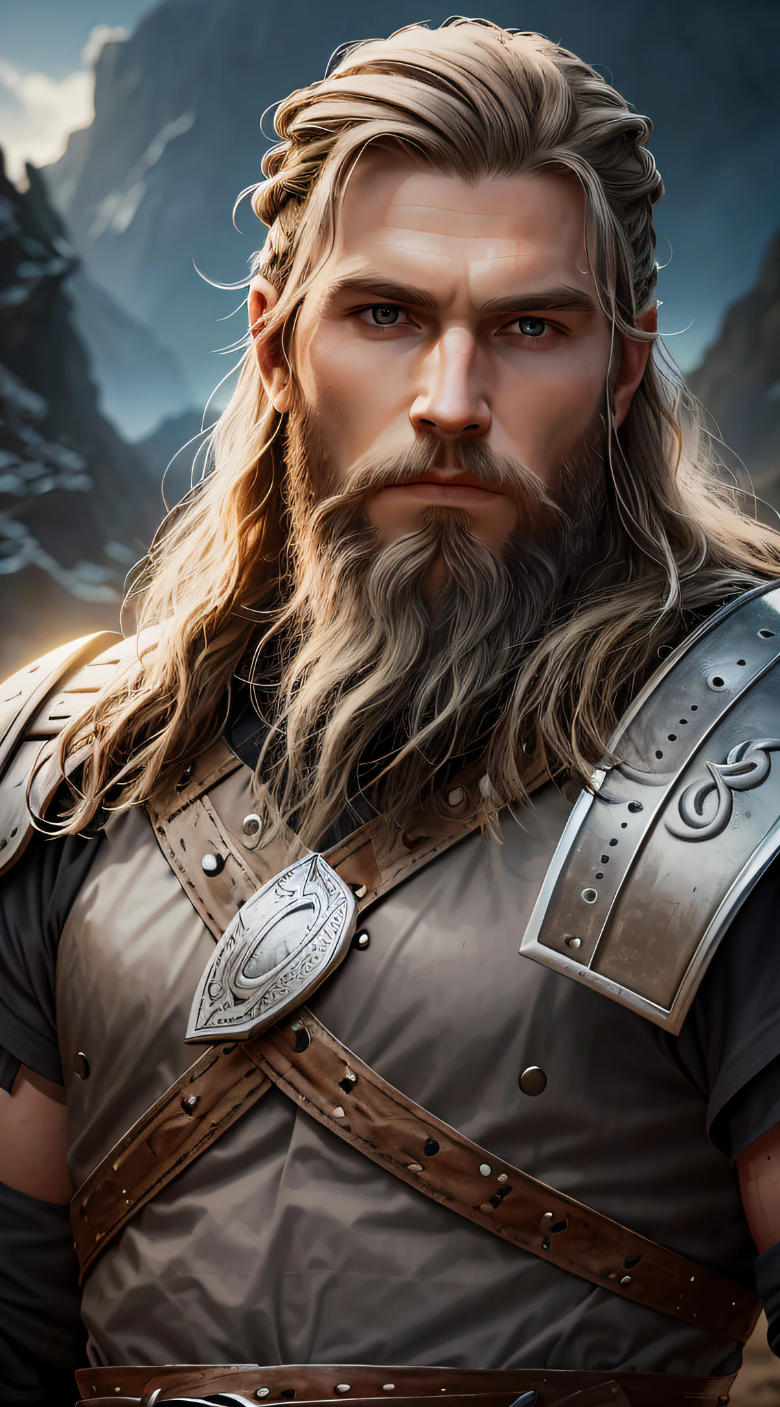 photograph of a viking warrior with dirt in his face, broad shoulders, armor, heroic, beard, pronounced cheekbones, cloudy, masterpiece, best quality, high quality, 4K, trending, hard ring light, 50mm