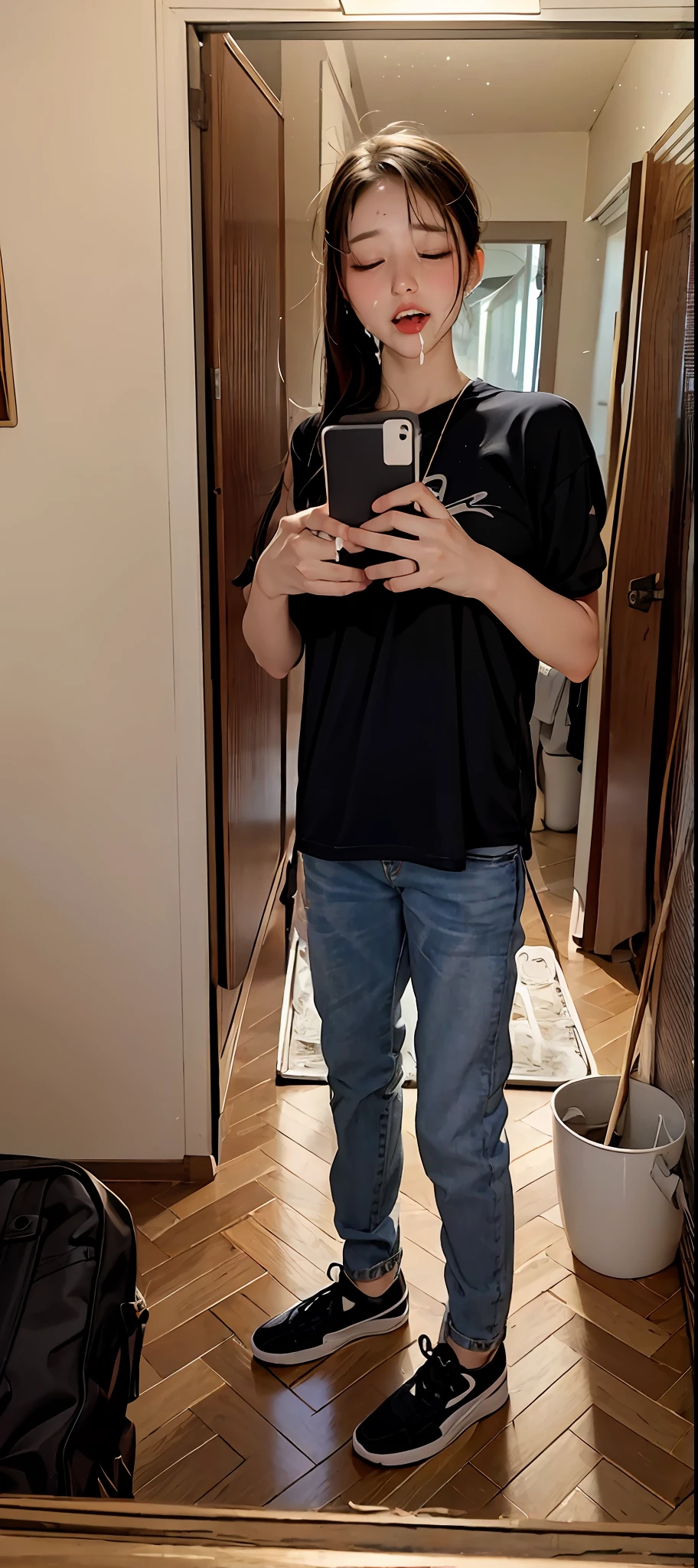 masterpiece, bset quality, realistic, 1girl, (PureErosFace_V1:0.7),  (8k, best quality), shirt, jeans,unconscious, closed eyes, sleeping, {{cum on face}}, cum_in_mouth, cum_on_hair, cum on breast, full body,
