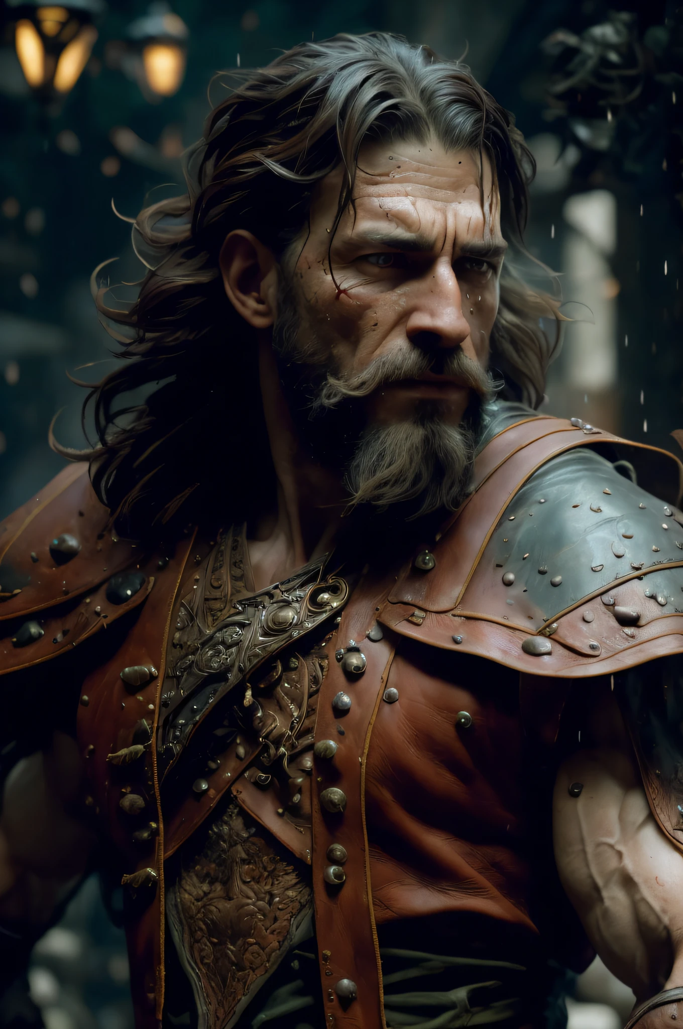 photo of the most beautiful artwork in the world featuring a soft lustrous male hero, ((epic heroic fantasy muscular men rugged wet wounded hero angry looking with long hair and long beard and fierce looking in a dynamic posture dying on the floor, fantastic location, majestic cluttered environment)), full body 8k unity render, action shot, skin pores, very dark lighting, heavy shadows, detailed, detailed face, (vibrant, photorealistic, realistic, dramatic, dark, sharp focus, 8k), (weathered damaged old worn leather outfit:1.4), (intricate:1.4), decadent, (highly detailed:1.4), digital painting, octane render, artstation, concept art, smooth, sharp focus, illustration, art by artgerm, (loish:0.23), wlop ilya kuvshinov, and greg rutkowski and alphonse mucha gracias, (global illumination, studio light, volumetric light), heavy rain, particles floating,
dim light, trim light, two-tone lighting,