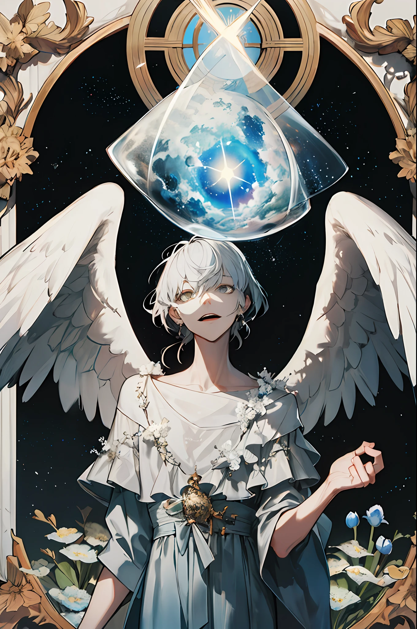 (obra maestra), (mejor calidad: 1.4), absurdos, [:detalles intrincados:0.2],bruja, angel wings, milky way, cielo, aura brillante, enfoque intenso, crackling energy, mysterious symbols, motas brillantes,paticulas,muchos detalles