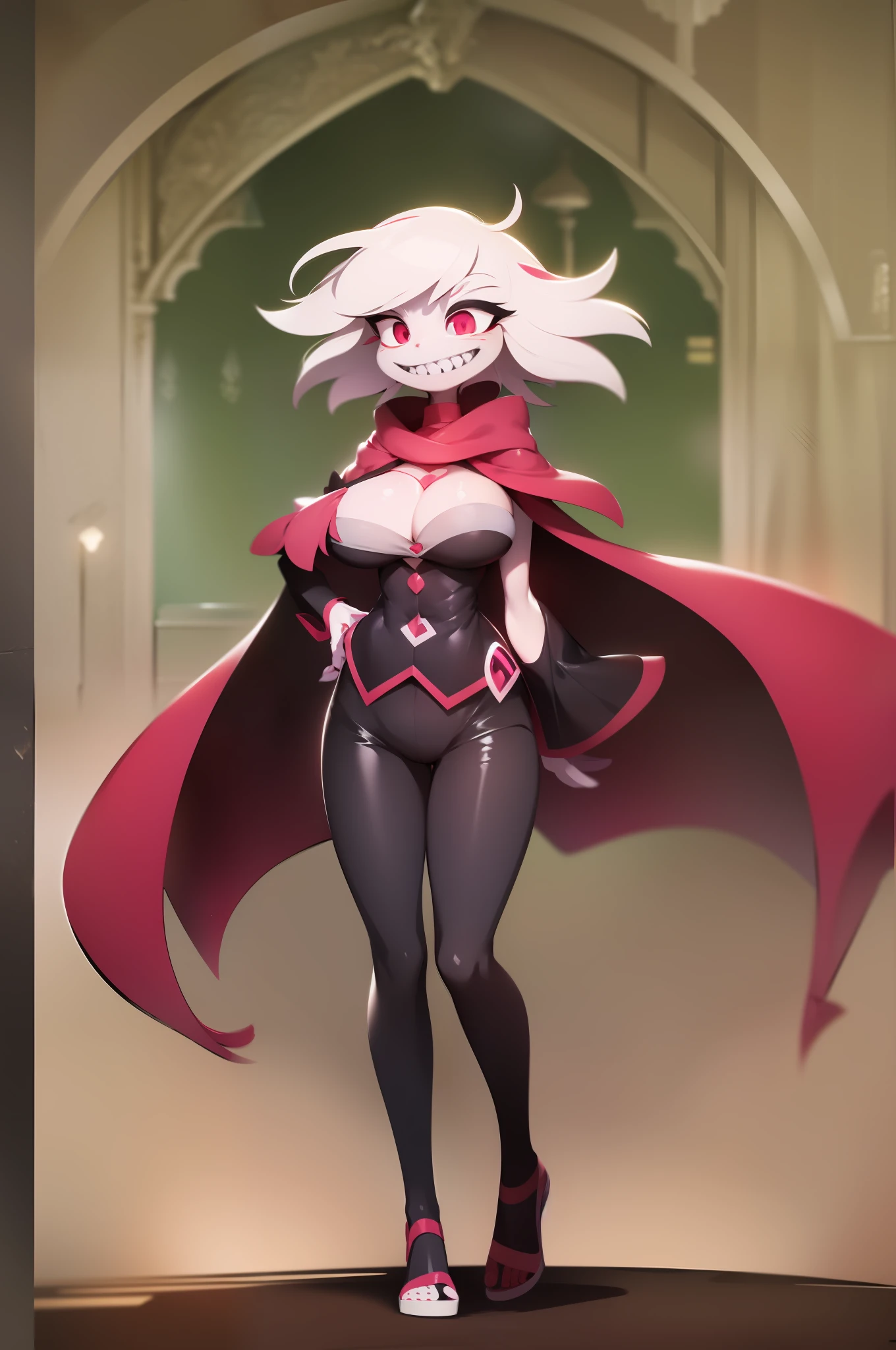 Angel Dust, hazbin hotel style, bimbo, big breast, alone, flip flops, walking, smug, sharpteeth, smile, cape scarf