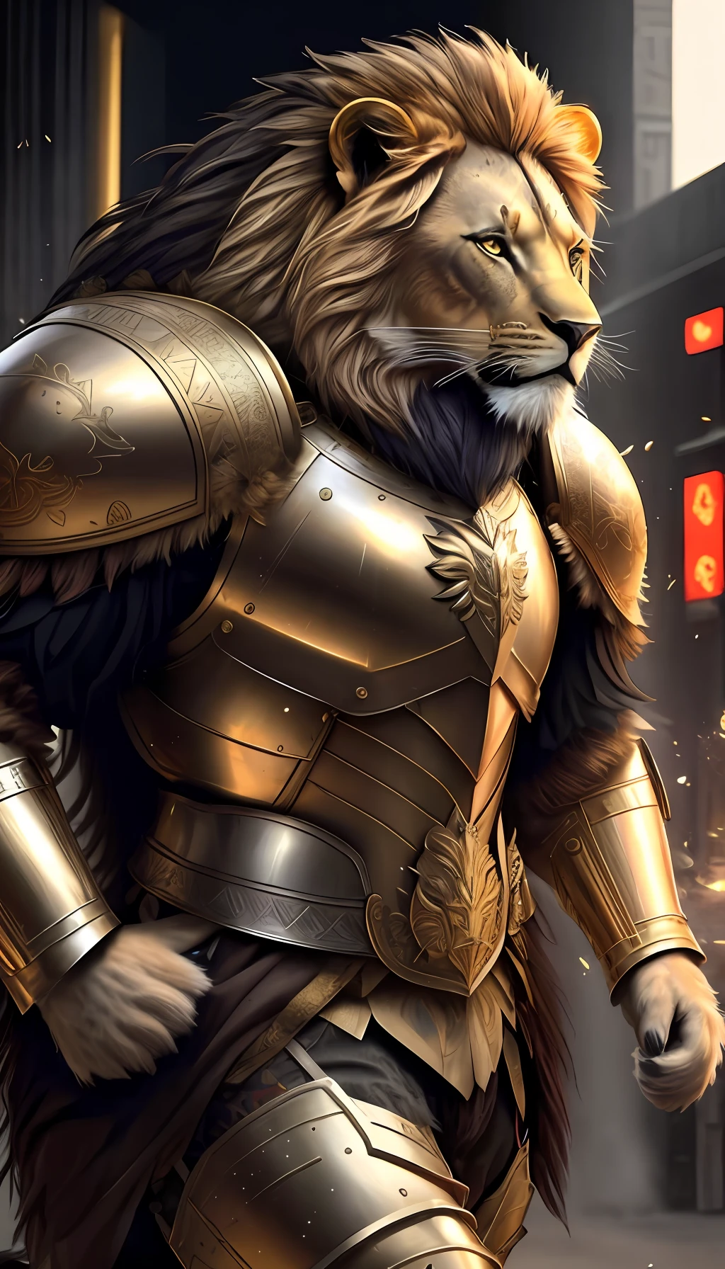 animalrizz ((leone)) 4K, obra-prima, highres, absurd, fotorrealista, Parrley_armor, A lion in armor, vestindo Parrley_armor, grande armadura futurista volumosa, correndo, movendo-se, rocket propulsion, ((do lado)), ultra realista