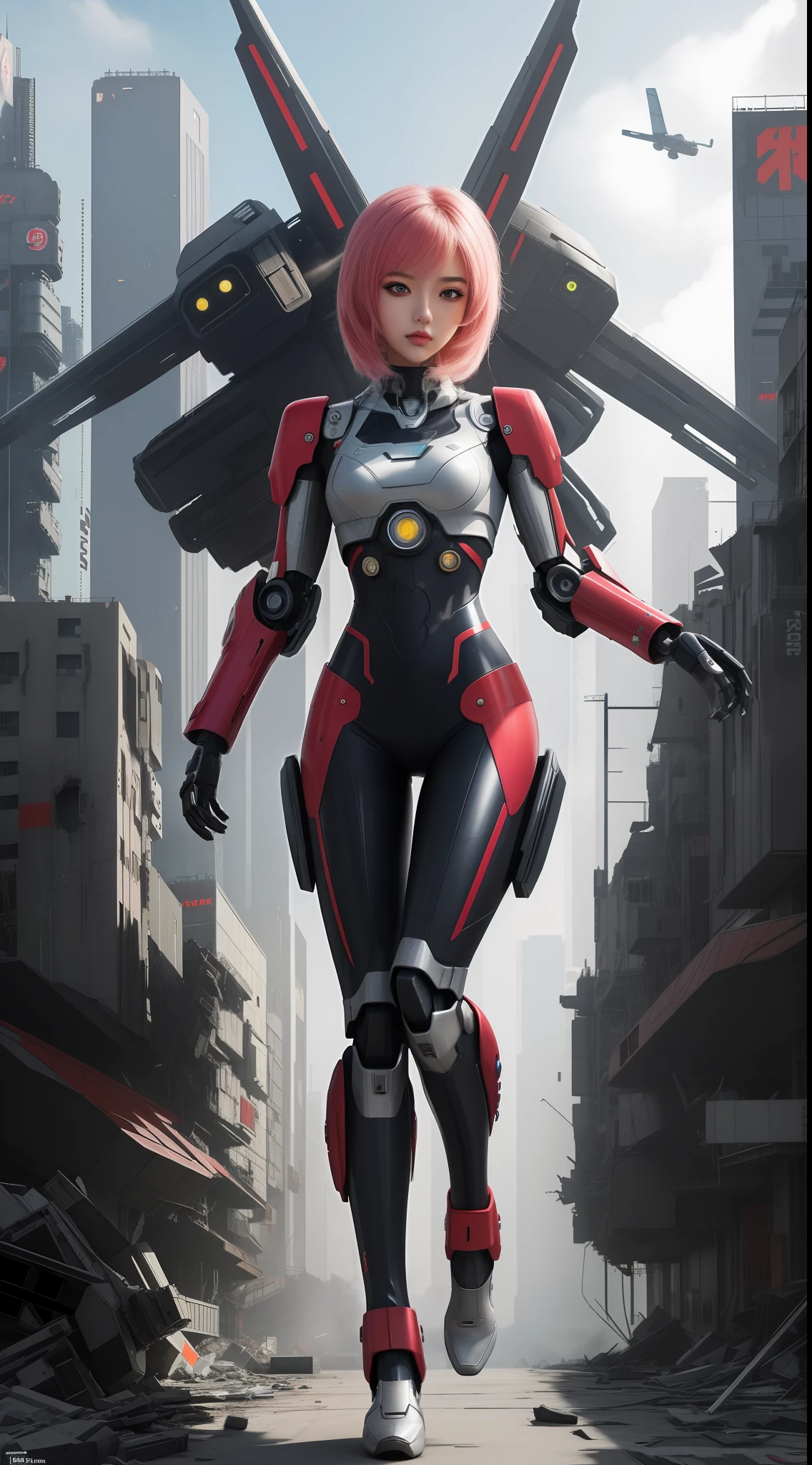 best quality, ultra high res,Mecha Anime Style Girl, Mecha Style suit, Cyberpunk Suit,Ferocious Eyes,In Futuristic City,Full Body Portrait, full-body shot,((1girl)), detailed face, detailed eyes, fit body girl style apperance, dynamic pose, (background of apocalypticCybercity destroyed city architecture)