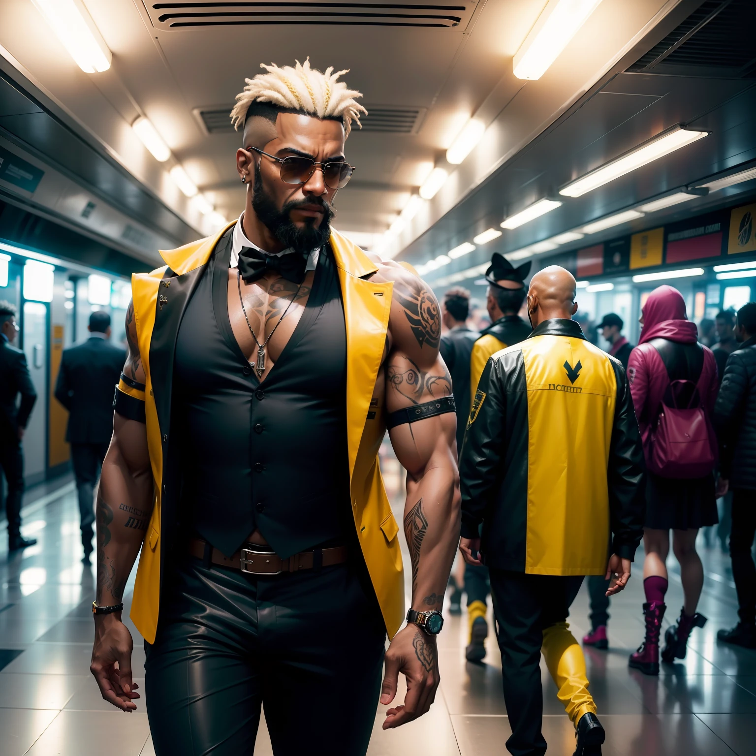 gostaria de uma imagem estilo cyberpunk em 4k de um homem de mais ou menos 50 anos ,portanto,portanto,africano, forte, musculoso,Bodybillder,muito forte de pele negra ,barba grande,barba, Estiloso Barbon,com cabelo punk estilo anos 80 na cor amarelo e cinza escuro,muito eLegante,, futurista e estiloso neon , com uma tatuagem super colorida e com neon ,Toattoo, facing a metro station on the platform , with station lights failing in a dimly lit environment, standing dressed in a dark yellow suit with a pink bow tie and baggy shirt.
