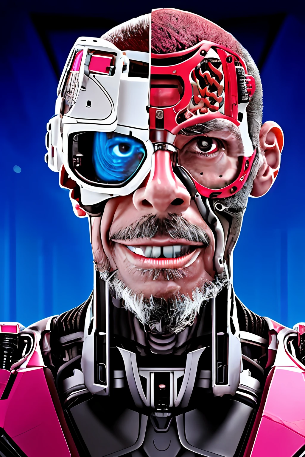 guttonerdjul23, imagem de meio corpo de um cyborg totalmente tecnologico, fios no lugar de vasos sanguineos, implantes roboticos no rosto, olho bionico, Artificial brain, corpo de metal e carne. Reslista, intrincado, UHD