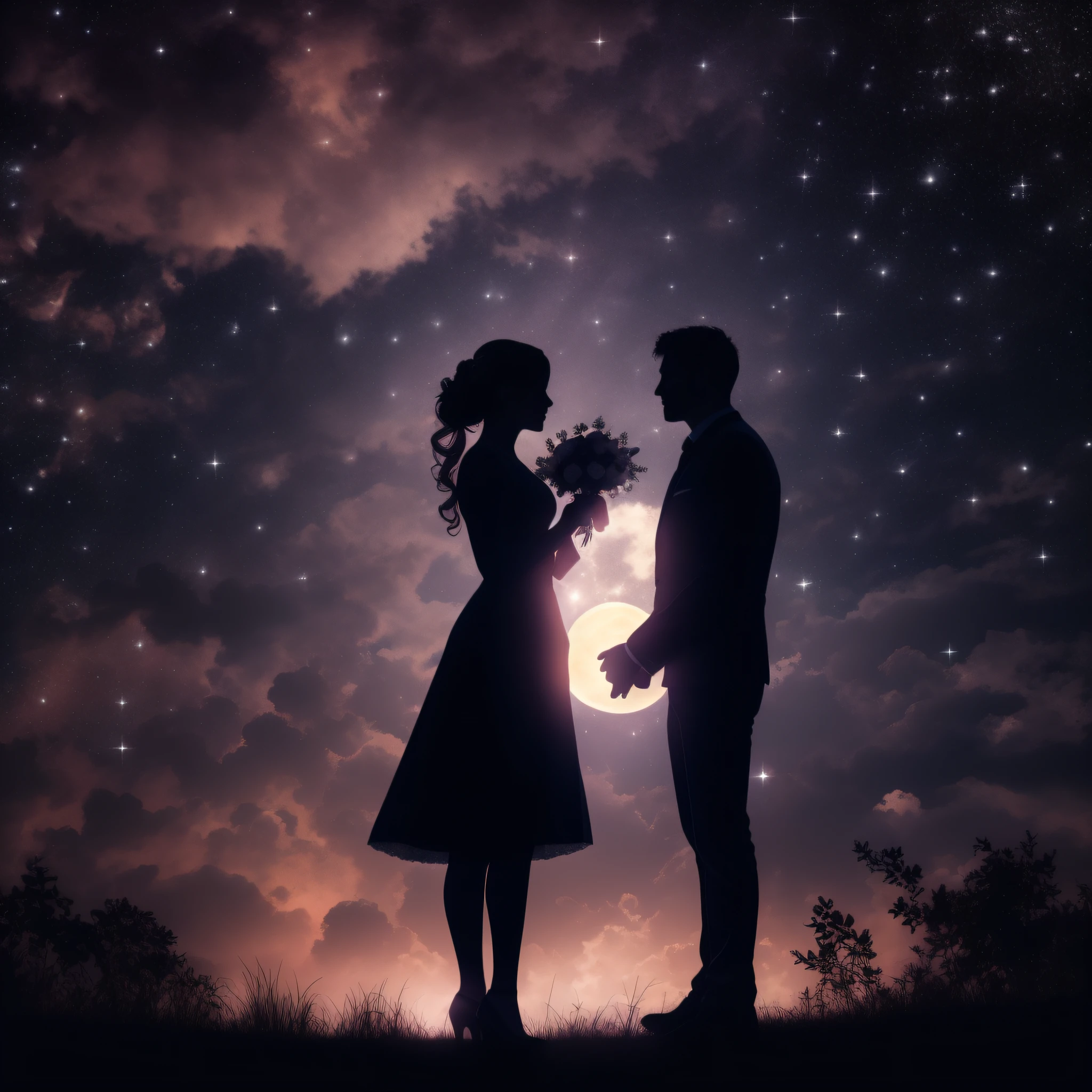 Make the silhouette of a man asking a beautiful woman in marriage. romantic image, sensivel e emocionante, estilo pintura antiga, real south lighting, Starry sky background with strong lightning effects of a full moon, 8k, alta qualidade, obra prima.