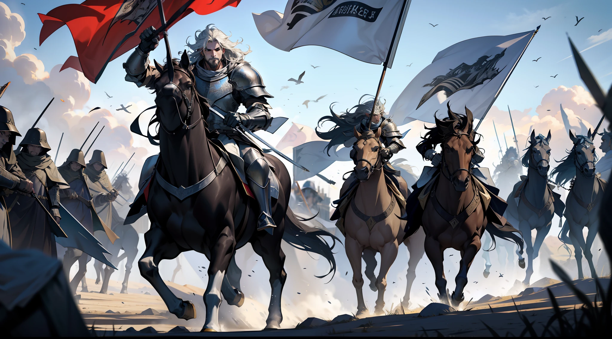 "a majestic king leading an army on a vast battlefield, with soldiers clad in shining armor and waving banners high, amidst the chaos and dust kicked up by galloping horses and clashing swords, portraying the bravery and determination in their eyes."