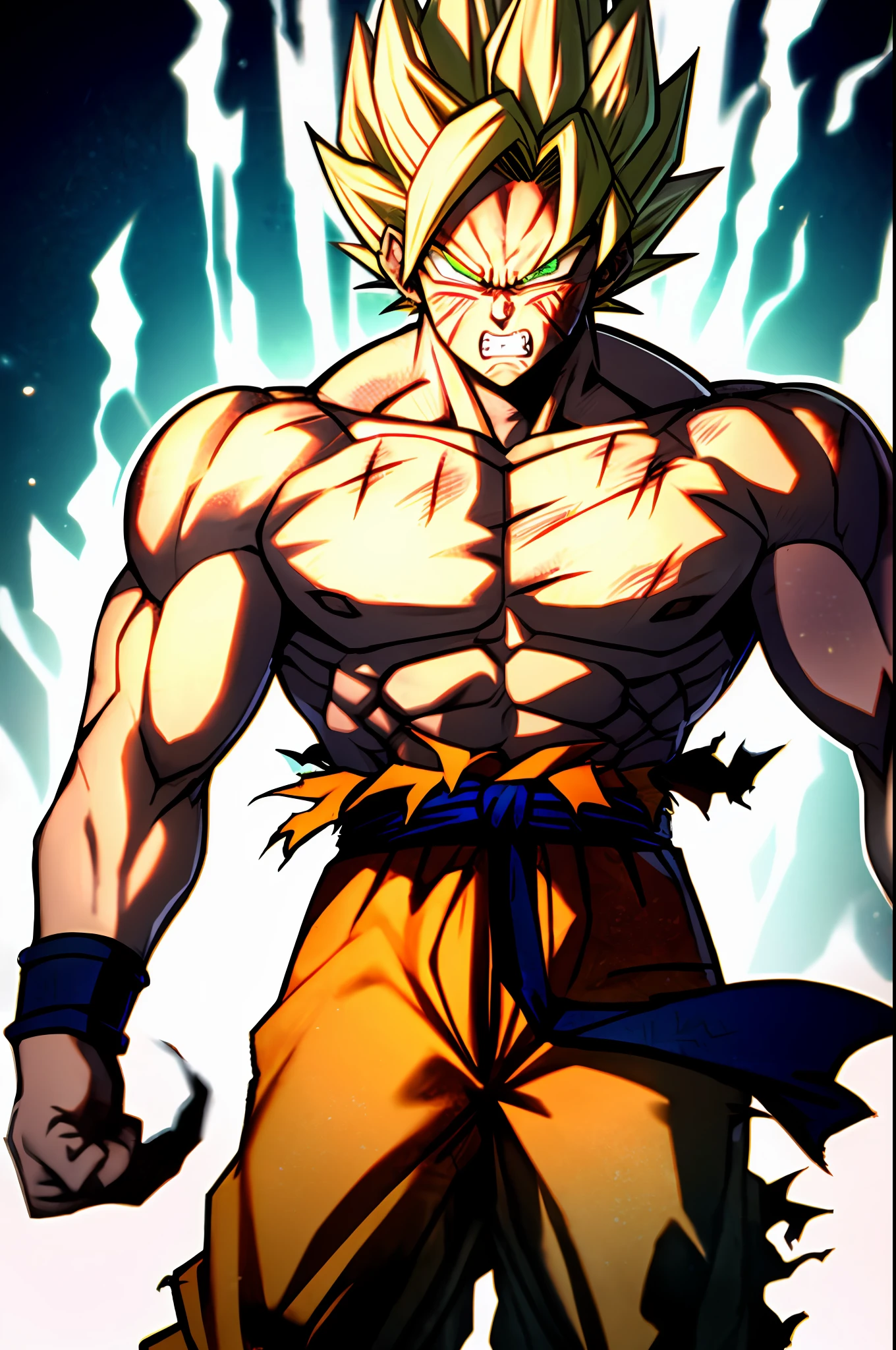 son goku, 1boy, angry, battle damage, blonde hair, blue sash, clenched teeth, furious, green eyes, male focus, muscular, muscular male, pectorals, sash, solo, spiked hair, super saiyan, super saiyan 1, teeth, topless male, torn clothes, wristband, ((masterpiece))
