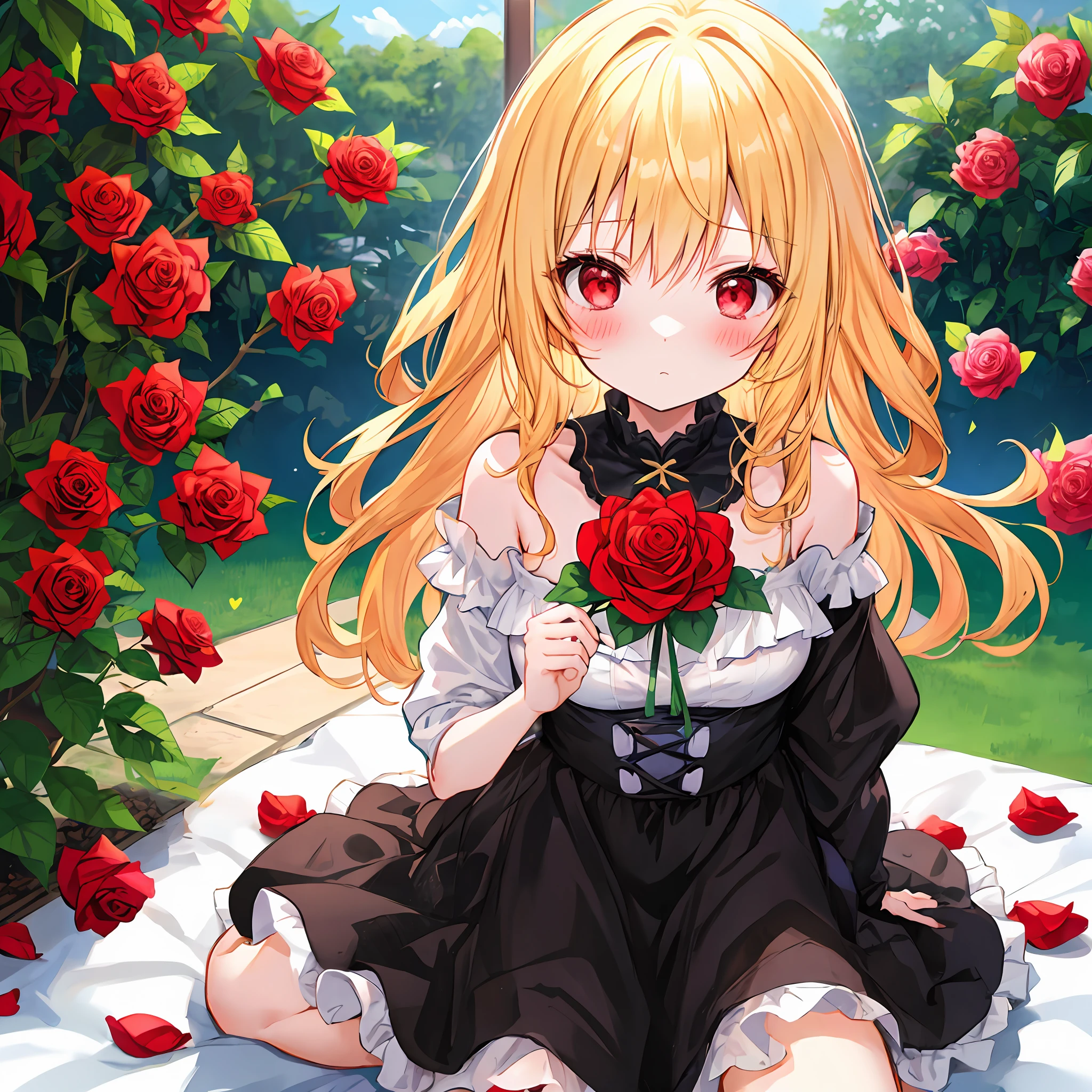 red blush、Wavy blonde hair、red eyes、Beautiful girl alone、animesque、独奏、doress、off shoulders、Rose Garden、lonely、