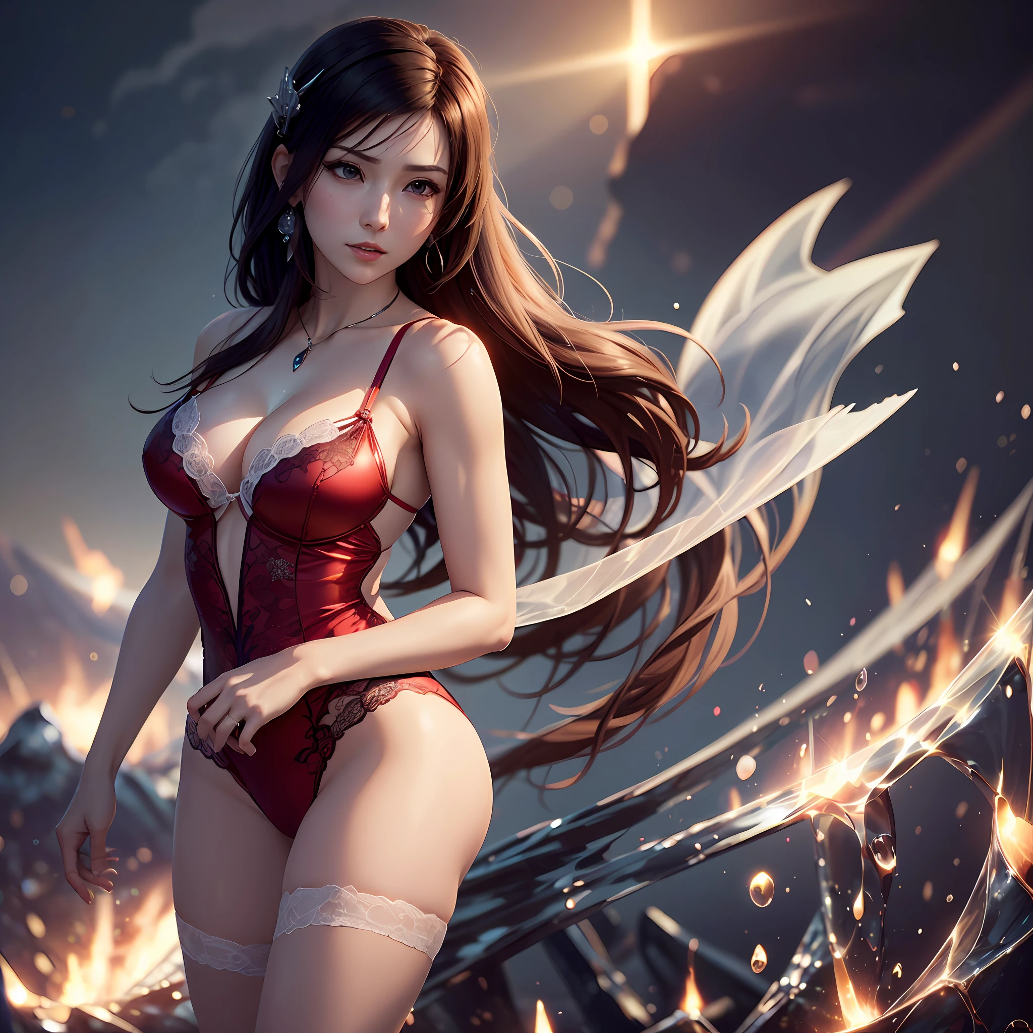 a close up of a woman in a red dress with long hair, beautiful alluring anime woman, a beautiful fantasy empress, inspired by Du Qiong, seductive tifa lockhart portrait, ((a beautiful fantasy empress)), seductive anime girl, beautiful anime woman, glamorous tifa lockheart, beautiful avatar pictures, mai shiranui, lady in red armor, tifa, (lingerie:1.2), photo realistic, upon_body, tyndall effect, photorealistic, dark studio, rim lighting, two tone lighting, (high detailed skin:1.2), 8k uhd, dslr, soft lighting, high quality, volumetric lighting, candid, Photograph, high resolution, 4k, 8k, Bokeh, --auto