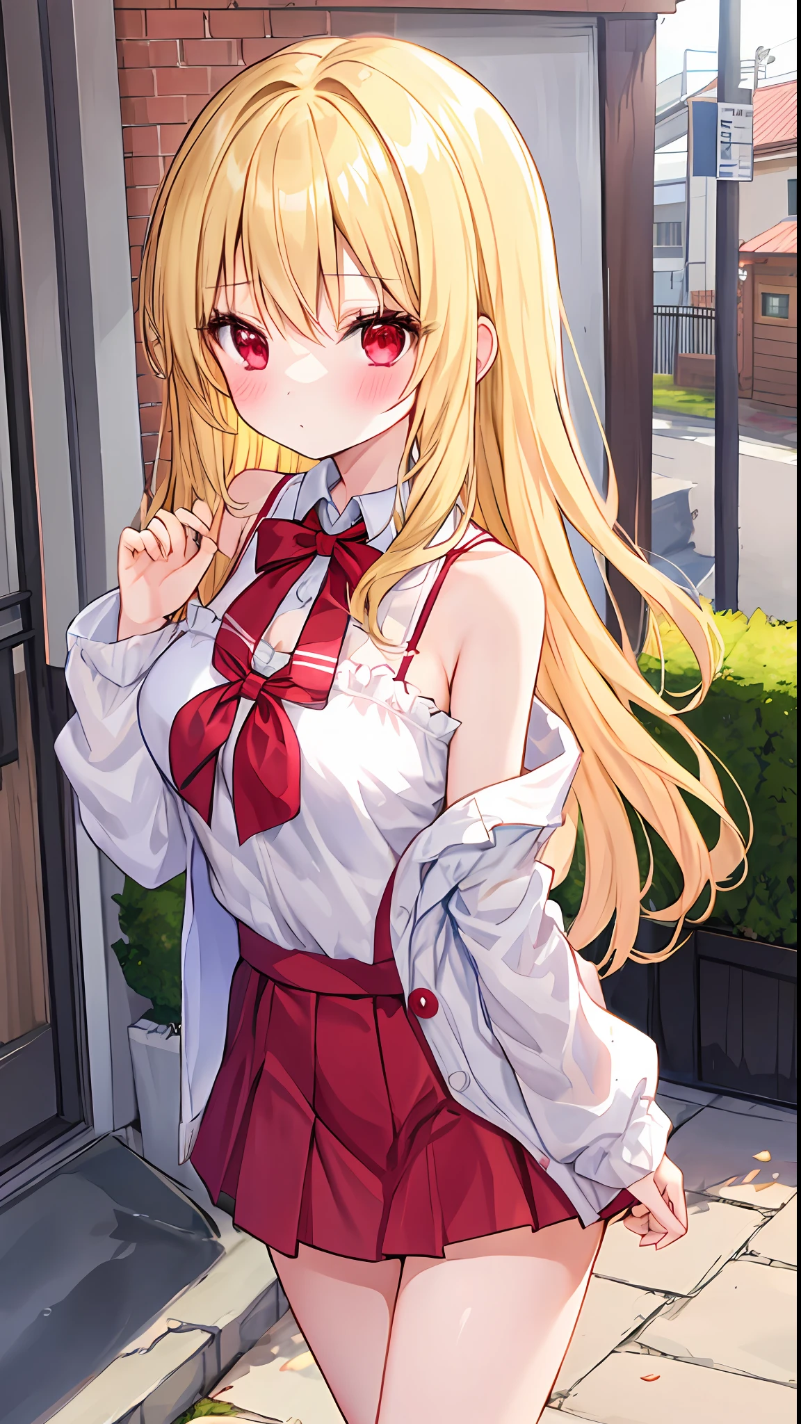 a blond、red eyes、One girl、kawaii、animesque、Fluffy clothes、off shoulders、a miniskirt、outside of house、red blush