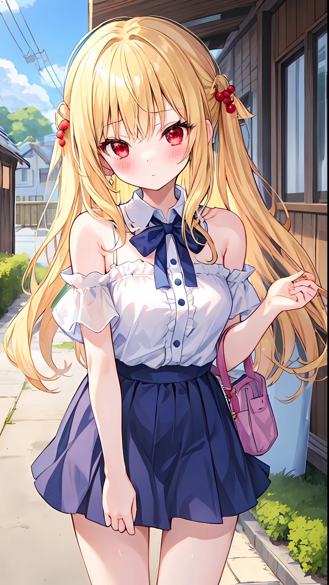 a blond、red eyes、One girl、kawaii、animesque、Fluffy clothes、off shoulders、a miniskirt、outside of house、red blush