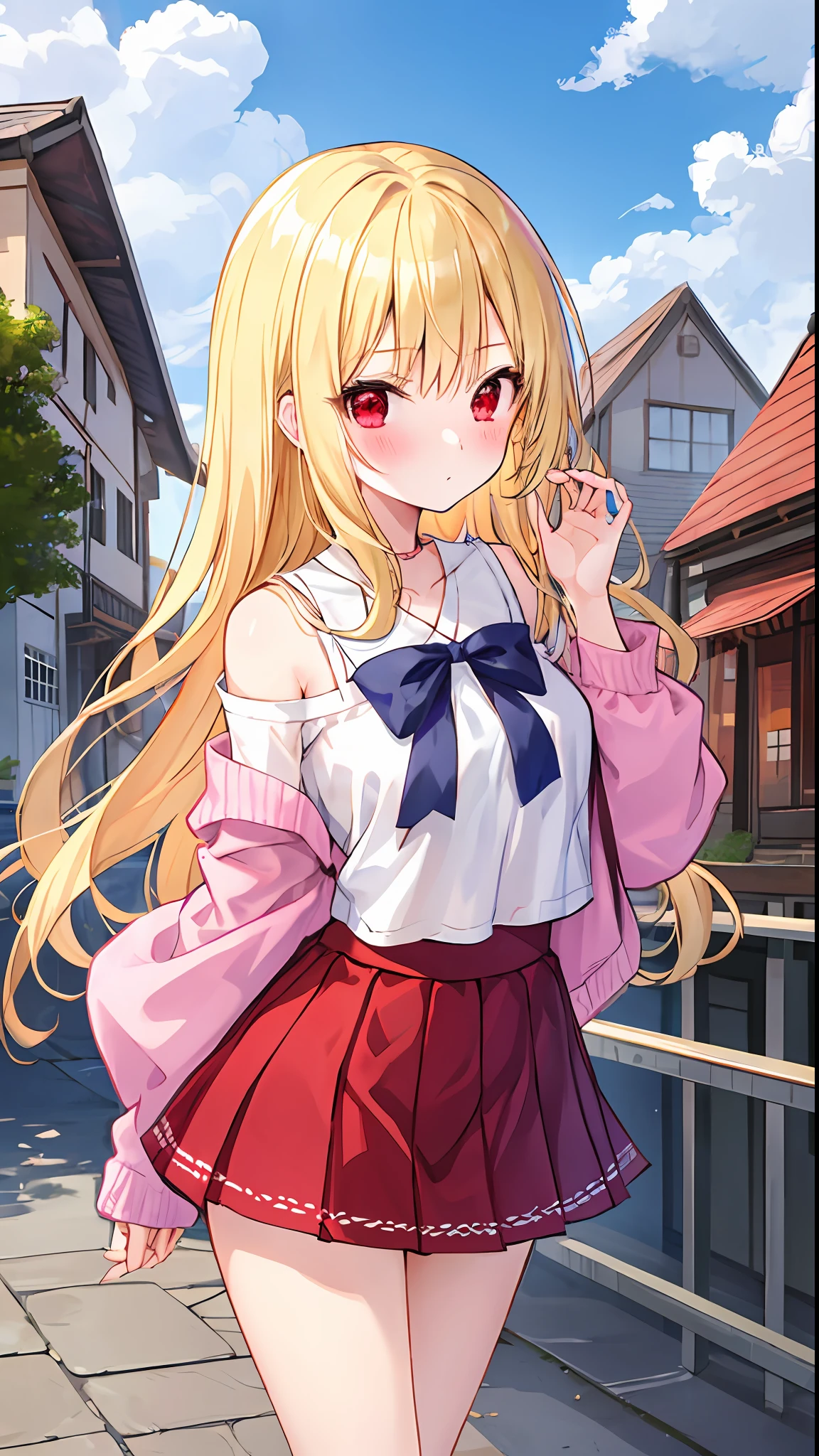 a blond、red eyes、One girl、kawaii、animesque、Fluffy clothes、off shoulders、a miniskirt、outside of house、red blush