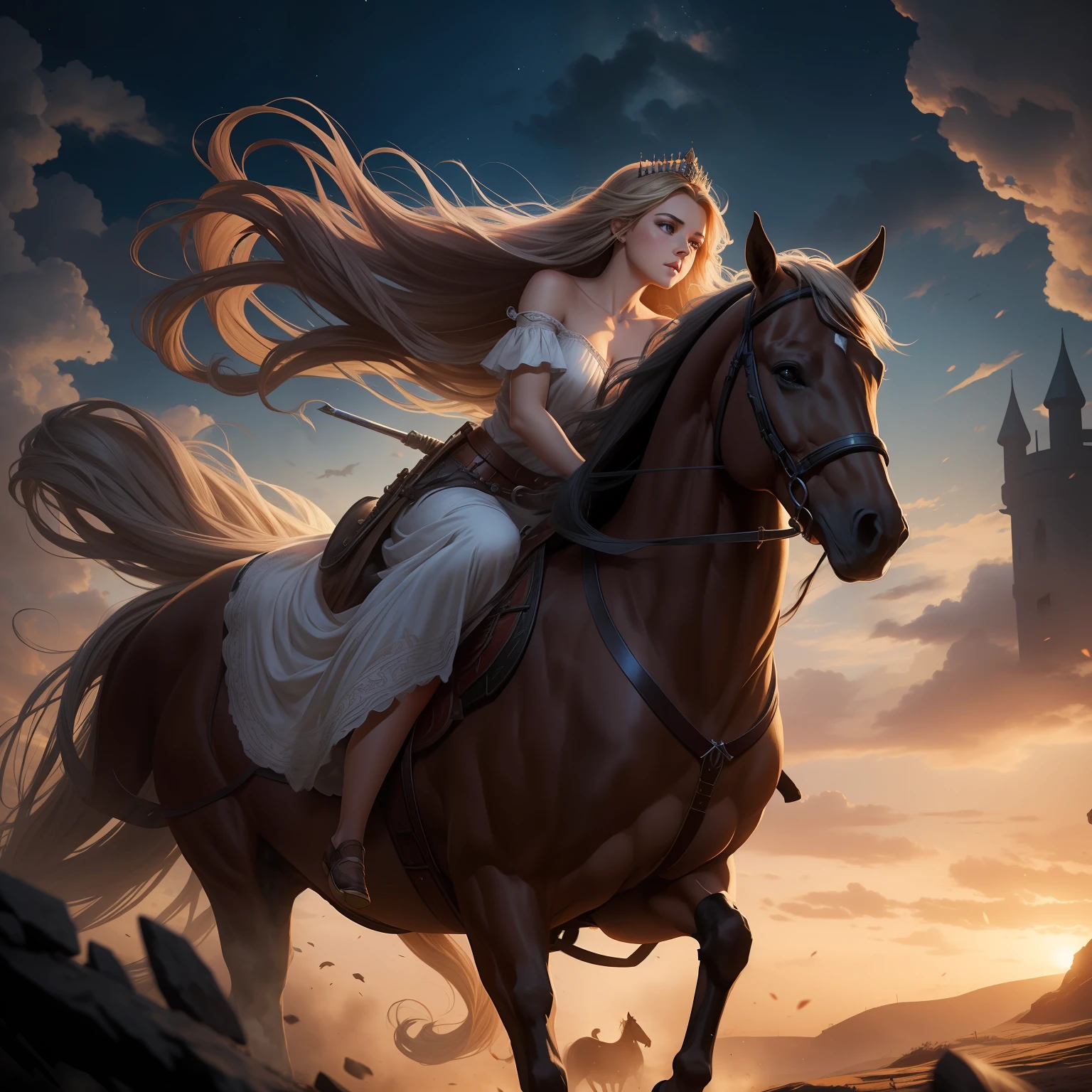 Beautiful princess with long hair in the wind , night gown, raiding a mighty horse to the Call of Duty. Fantasy art
