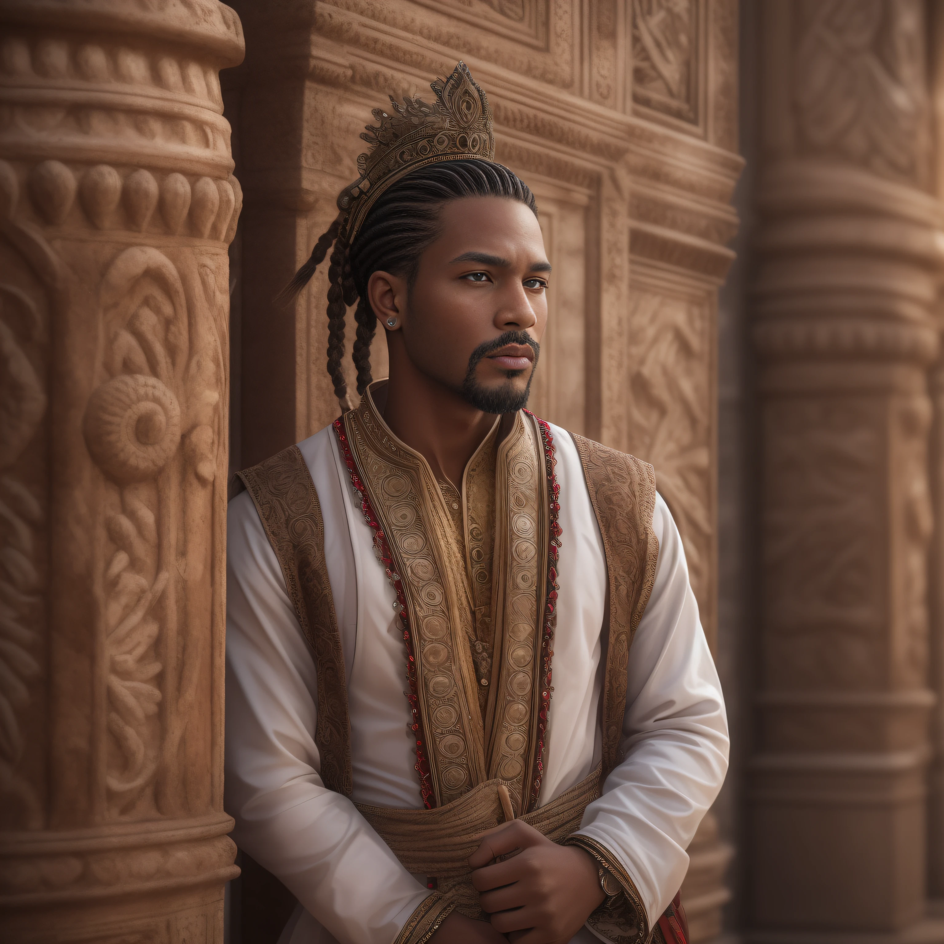 cinematic, photo, head and shoulder portrait photo, 1man, solo, malagasy nobleman, 28 years old, plump lips, long loose hair, dutch braids, short beard, long chin beard, serious, intense expression, athletic, rich regal traditional clothes, elaborate, intricate decorations, in a palace, Canon EOS 5D Mark IV, historical, fantasy, hyper detailed, accurate textures, realistic, skin pores