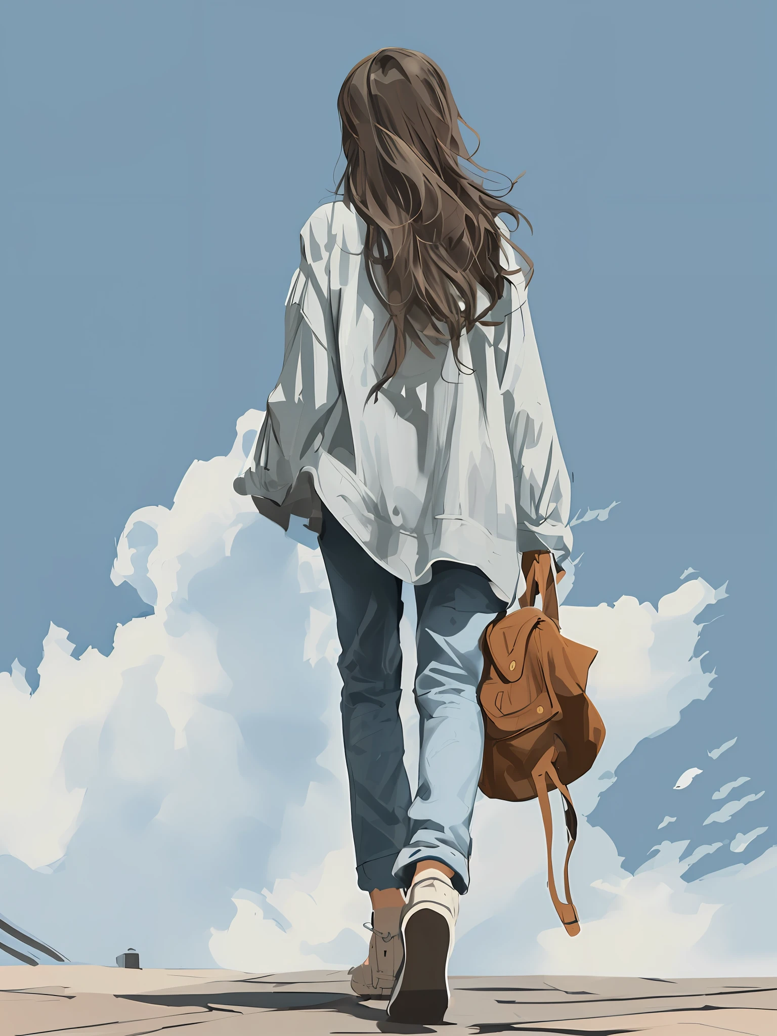 Draw a woman walking on the sidewalk with a backpack on her back, girl clouds, she is approaching heaven, she is arriving heaven, Standing in the clouds, female ascending into the sky, walking away, beautiful drawing style, on cloud, Drawing style, digital art picture, digital painting style, A woman walking, style digital painting, Illustration style