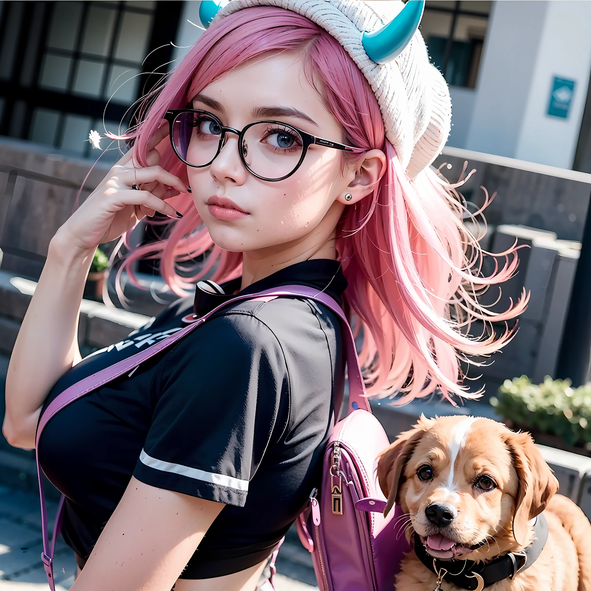 Cosplay, (cabelo rosa), usando camisa xadrez,
cabelo coque, Round Eyewear, Hat with striped purple horns, carregando cachorro na mochila, bowed head