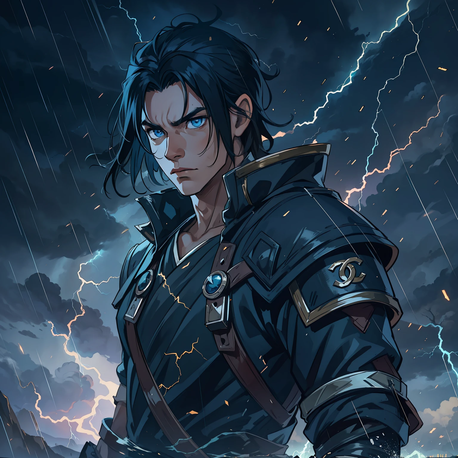 A handsome man with blue eyes and black hair of medium greeting like an ear-length chanel cut with hair equal to that of the Itachi Uchiha this young man is a warrior he wears a battle suit and is in the midst of a storm on top of a mountain like a prince of thunder the sky illuminated by lightning in the storm electricity by his body thunder magic he is like a god of Thunder Like Thor he is a teenage warrior magical dark sky black clouds in the midst of a storm water rain and thunder An art for an RPG A medieval art for RPG