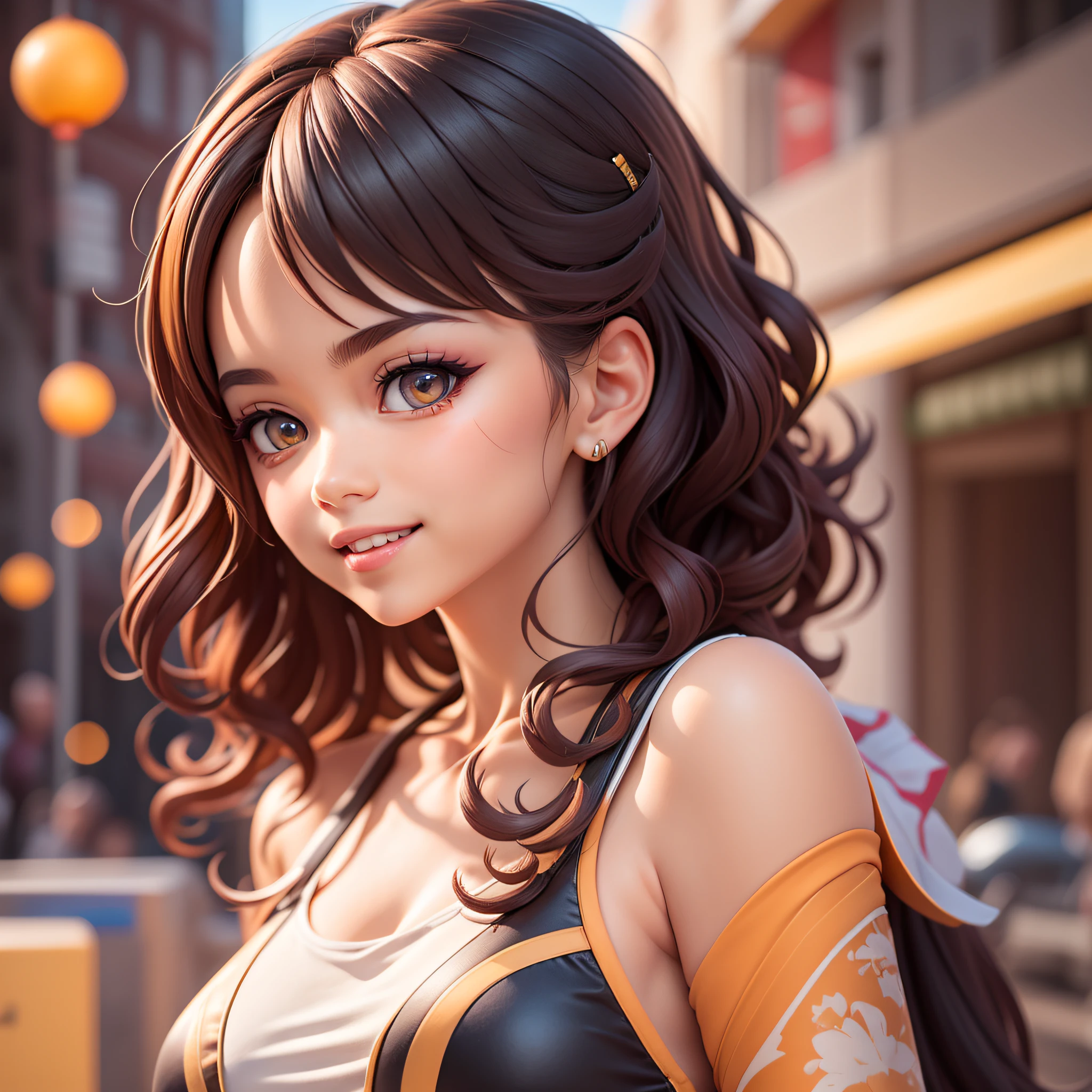 (masterpiece), best quality, expressive eyes, perfect face, beautiful illustration of shy stunning light black skinned model with pretty and delicate face, light amber eyes, upper body in sideways pose, looking at viewer, brilliant and expressive eyes, catchlights, orange lips pounting, puffy cheeks, dazzling smile, curly light black hair,cream t-shirt,in official art style,niji style,anime,vector, highly detailed,digital illustration,cell shadow,art by Tran Ross,Vray Tracing. intricate, insanely detailed, dslr, 8k