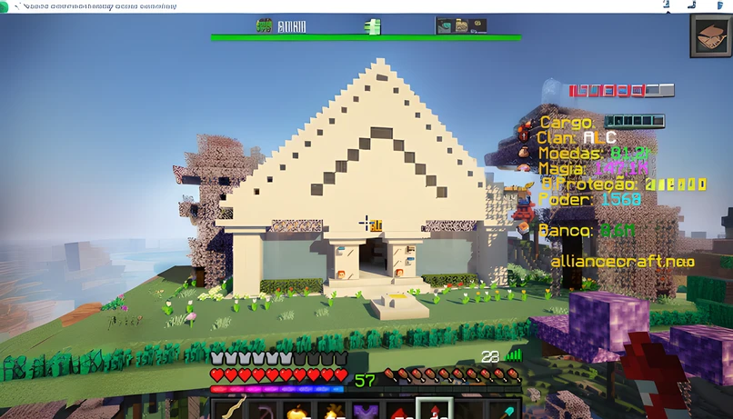There is a computer screen with a building and a building on it, Minecraft construir, gigachad em minecraft, em Minecraft, em estilo de minecraft, casa completa, Captura de tela de Minecraft, alien church, estilo minecraft, jogabilidade minecraft, Minecraft Lordes, pc game with ui, igreja no fundo, minecraft captura de tela, gameplay screenshot with ui, dojo em uma montanha